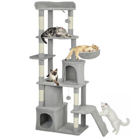 PawHut Árbol Rascador para Gatos Grande, Árbol para Gatos, Altura 170 cm, Torre de Escalada con 7 Postes, 1 Túnel, 3 Plataformas, 2 Cuevas, 1 Hamaca, 1 Percha, 1 Rampa, Pompones, Gris Claro