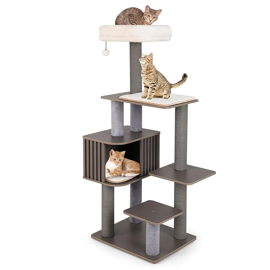 COSTWAY &Aacute;rbol Multinivel para Gatos de 6 Niveles, Torre con Condominio de Cerca, Percha Superior Acolchada Desmontable, Postes Rascadores, Pomp&oacute;n Colgante con Campana (81 x 60 x 143 cm), , large Imagen numero 1