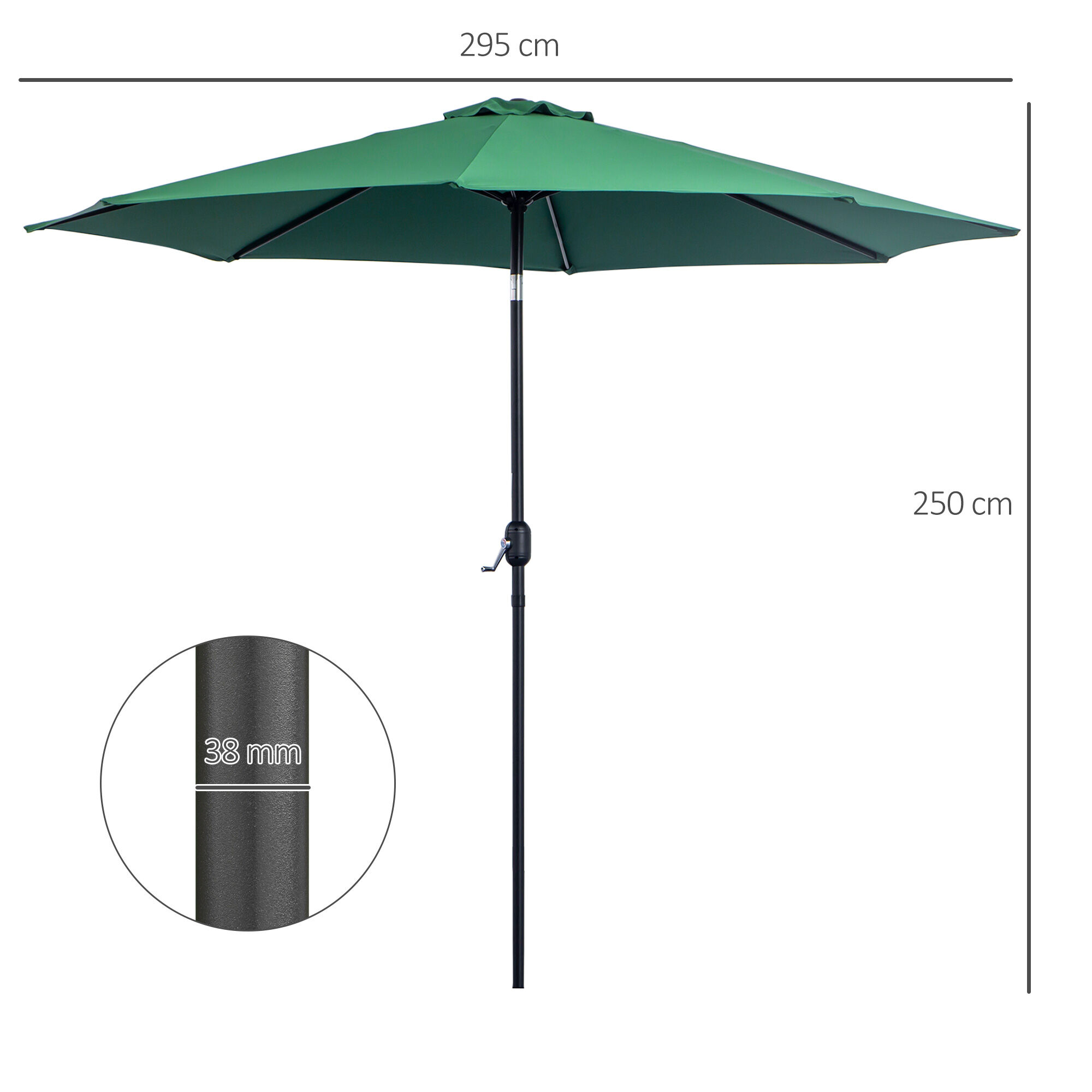 Outsunny Sombrilla de Jard&iacute;n &Oslash;295x250 cm con Manivela Parasol Exterior con Mecanismo de Inclinaci&oacute;n y Poste Desmontable de Metal para Terraza Piscina Patio Verde, , large Imagen numero 3