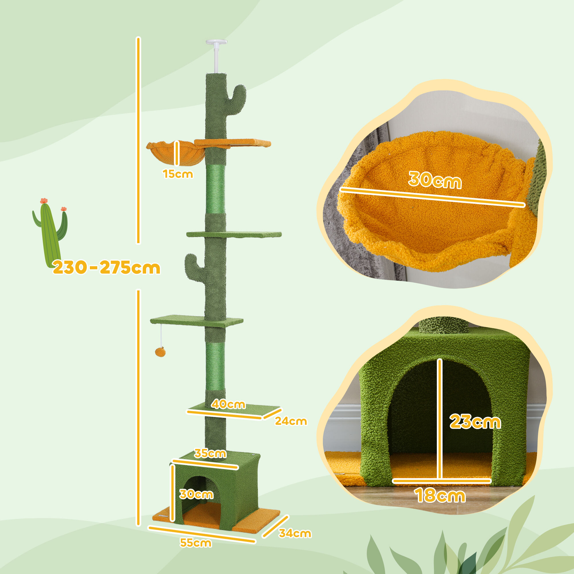 PawHut Árbol para Gatos de Suelo a Techo de 230-275 cm, Torre para Gatos con Altura Ajustable, Plataformas, Cueva, Hamaca, Postes de Sisal y Bola de Juguete, Verde thumbnail