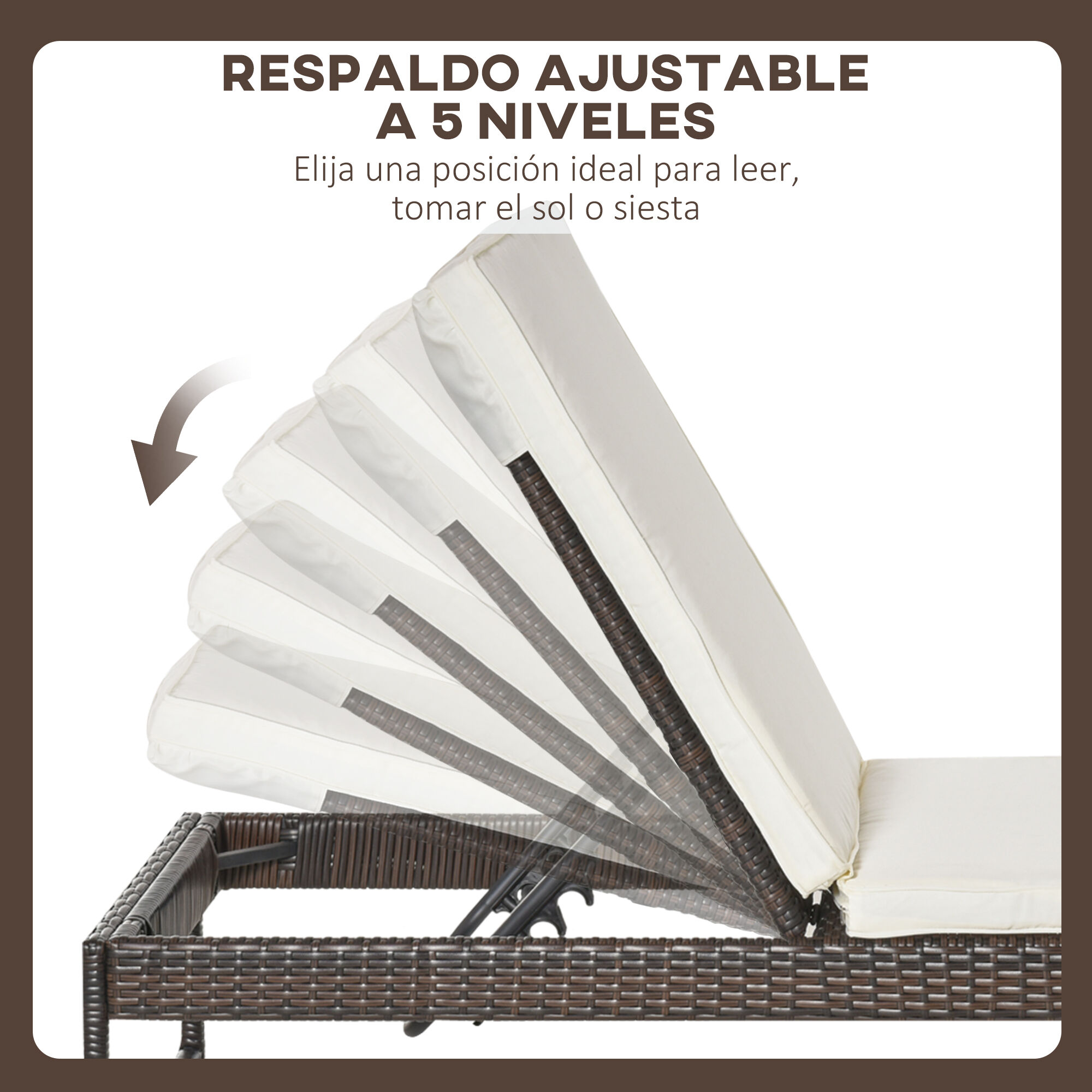 Outsunny Conjunto de 2 Tumbonas de Jard&iacute;n con Cojines Acolchados Rat&aacute;n con Mesa Auxiliar para Piscina o Terraza Carga 160 kg 195x60x86 cm Acero Marr&oacute;n, , large Imagen numero 5