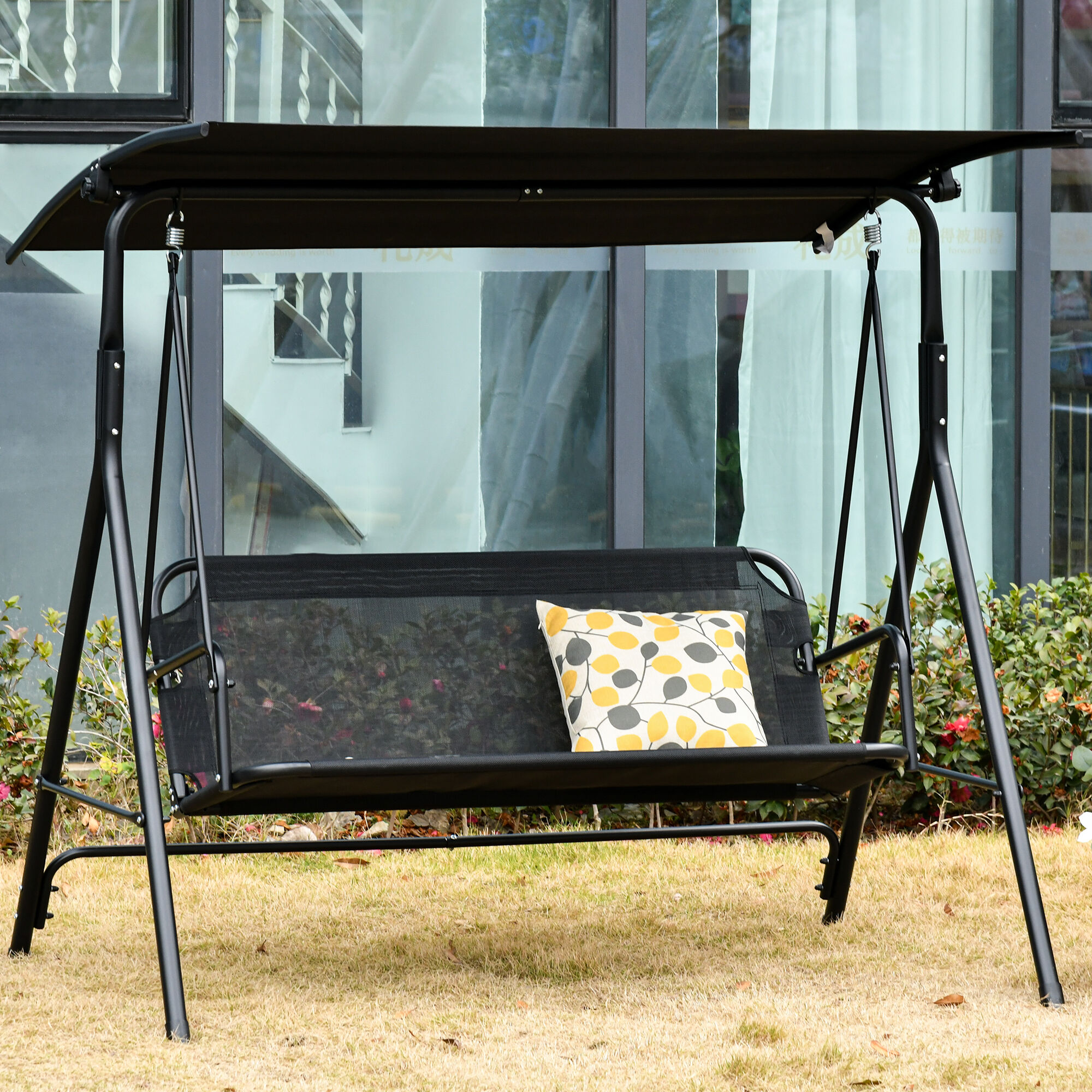 Outsunny Columpio de Jard&iacute;n de Exterior de 2 Plazas Silla Balanc&iacute;n con Parasol Techo Ajustable en &Aacute;ngulo Terraza Balc&oacute;n Exterior Carga 200 kg 172x110x155 cm Negro, , large Imagen numero 2