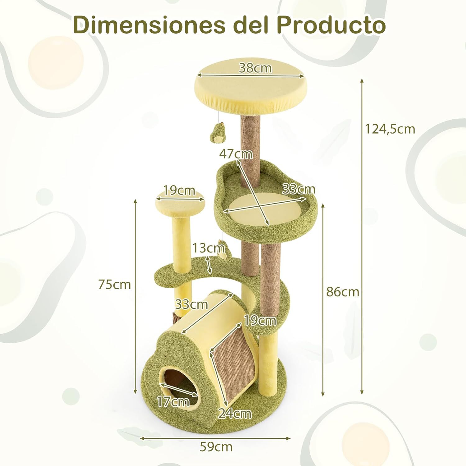 COSTWAY 125cm Árbol de Gato, Torre Multinivel para Gatos en Forma de Aguacate con Condominio Privado, Cepillo de Autocuidado, Plataformas, Estructura de Escalada Independiente para Gatos de Interior thumbnail