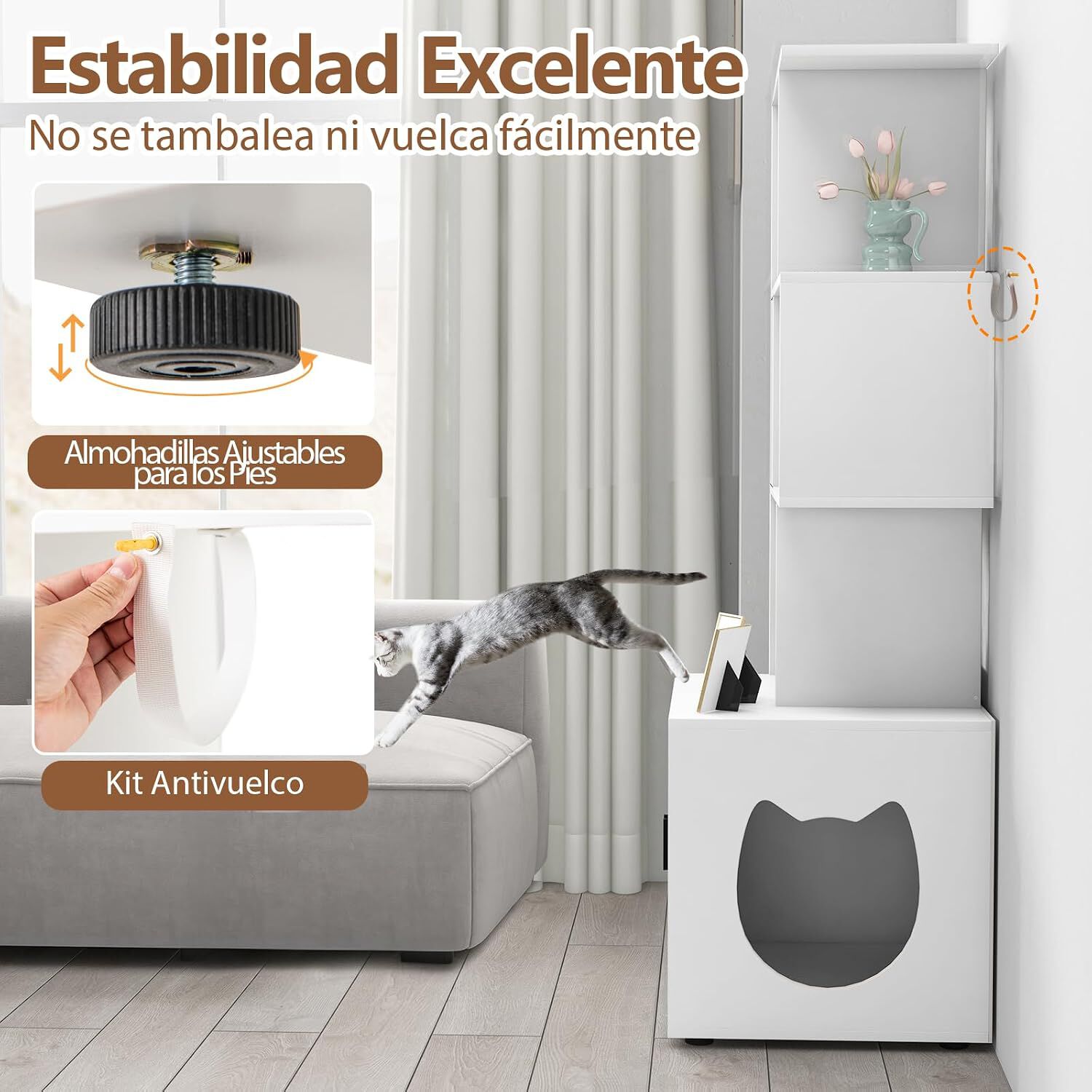 COSTWAY 2 en 1 Caja de Arena para Gatos, Mueble de Ba&ntilde;o Oculto para Gatos con 3 Estantes Abiertos de Almacenaje, con Kit Antivuelco y Almohadilla Ajustable, Casa de Inodoro para Gatos (Blanco), , large Imagen numero 5