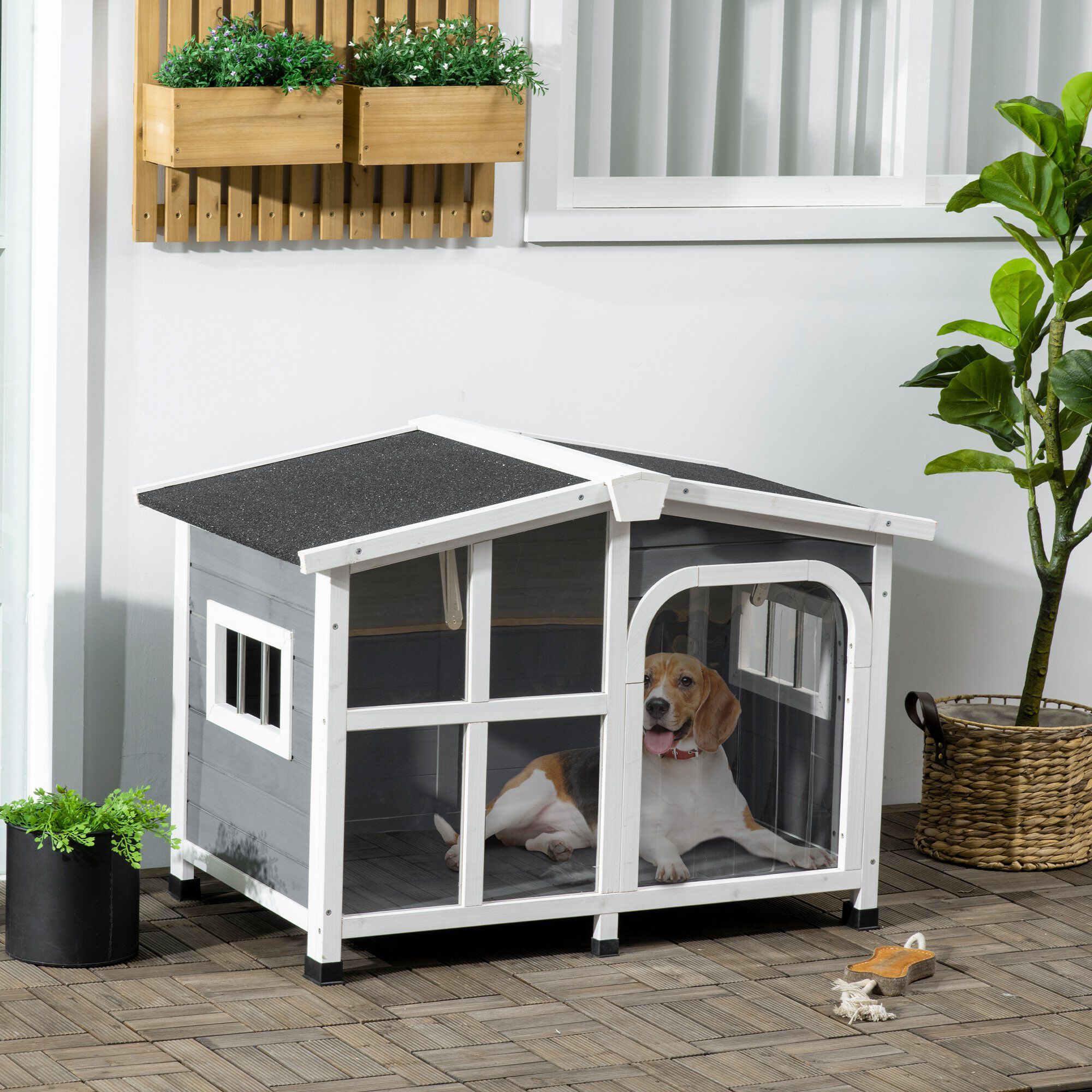 PawHut Caseta para Perros de Madera 101x66,5x70,5 cm Casa para Mascotas con Techo Abatible Frontal de Acr&iacute;lico Puerta con Cortina y Fondo Extra&iacute;ble Gris Oscuro., , large Imagen numero 2