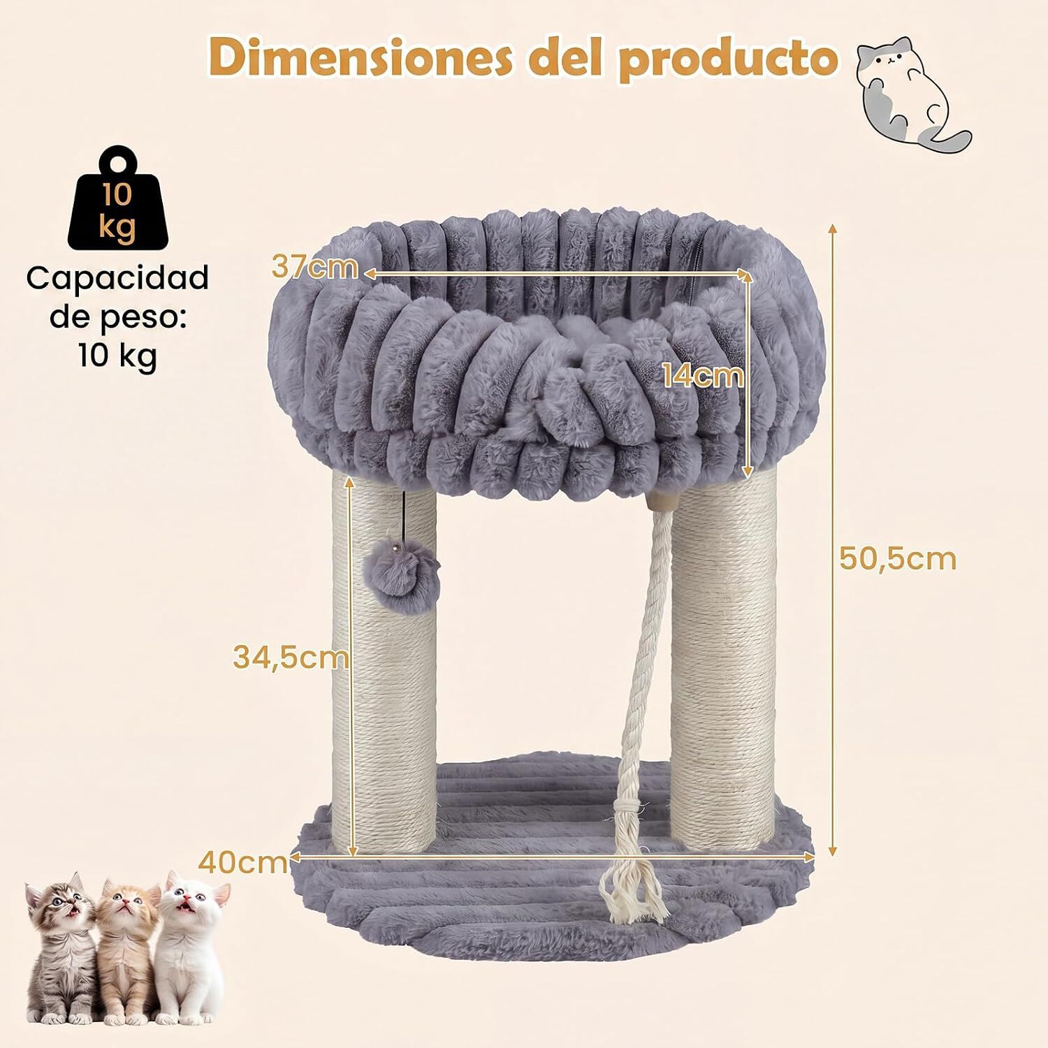 COSTWAY 40 x 40 x 50,5 cm &Aacute;rbol para Gatos Peque&ntilde;o (Gris) | Torre para Gatos con Plataforma Superior de Felpa, Rascadores de Sisal, Bola Colgante, Torre gato Interior para Mascotas, , large Imagen numero 5