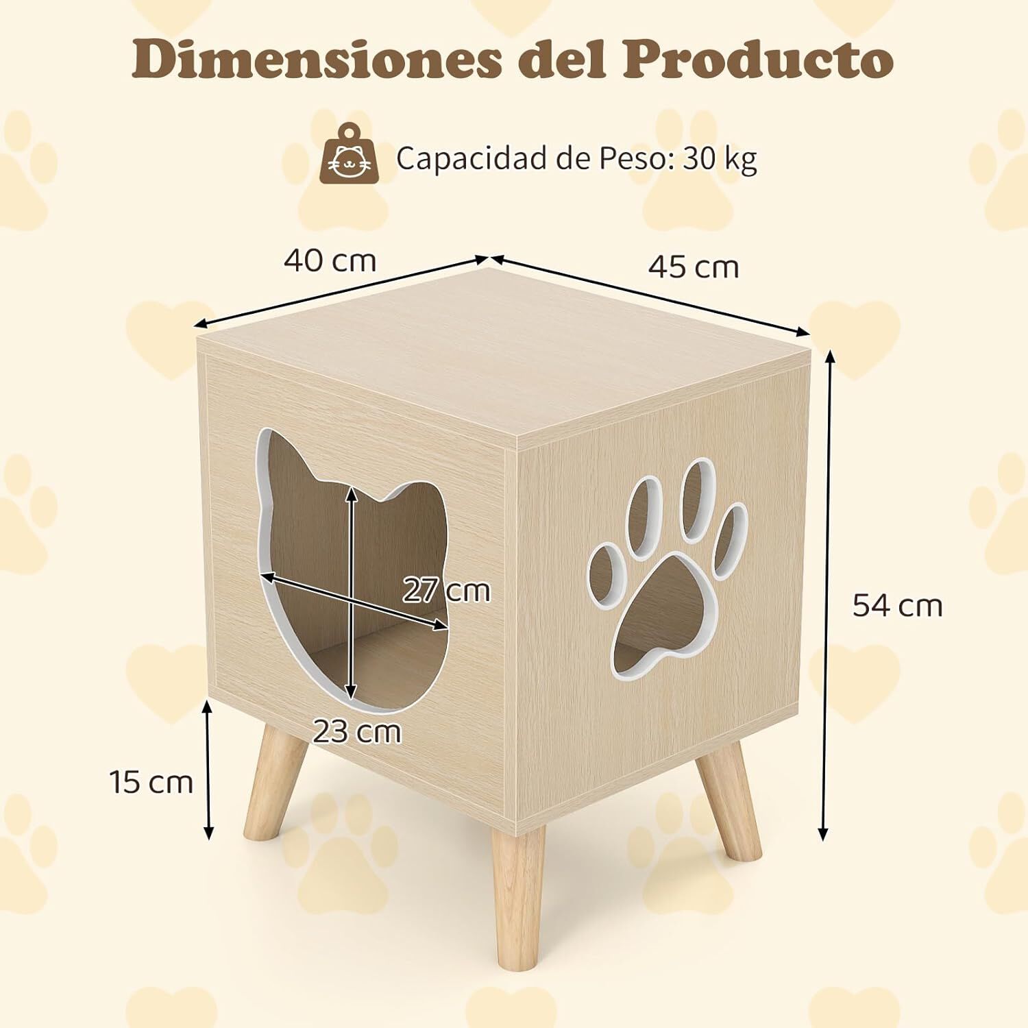 COSTWAY Mueble Arenero para Gatos Medianos, 45 x 40 x 54 cm, Cajas de Arena para Gatos con Tapa Desmontable, Agujero y Ventana, Patas de Madera, Mesa Auxiliar Gato para Sal&oacute;n, Entrada, Dormitorio, , large Imagen numero 5