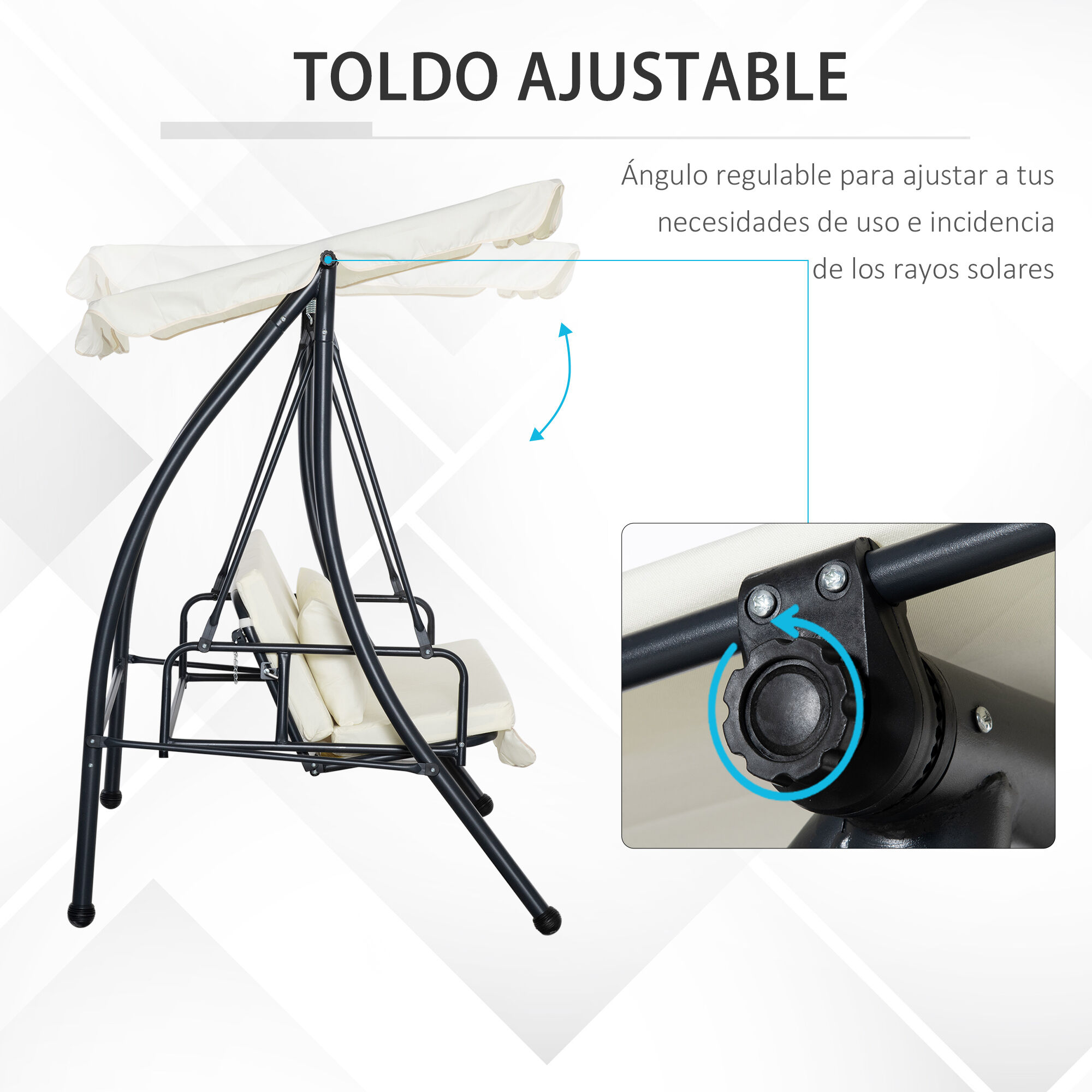 Outsunny Columpio Balanc&iacute;n Jard&iacute;n de 3 Plazas Convertible en Cama con Techo Ajustable Coj&iacute;n Acolchado y Almohadas para Balc&oacute;n Terraza Carga 340 kg Acero 200x125x170 cm Crema, , large Imagen numero 5