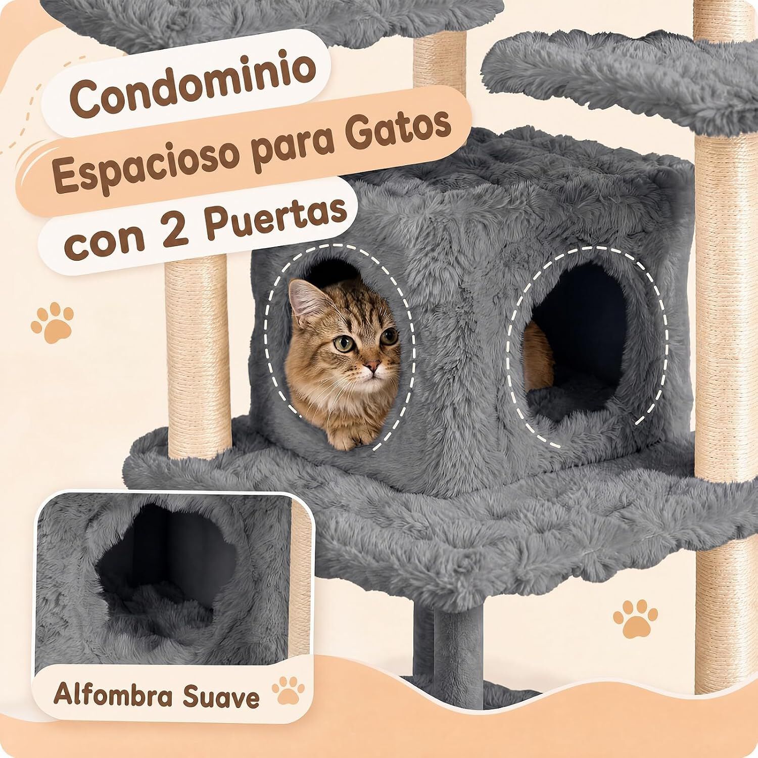 COSTWAY 170 cm &Aacute;rbol para Gatos de 7 Niveles con Casita, Torre de Juego para Gatos con 6 Plataformas, Cepillo, Postes de Sisal, Bolas Colgantes, Centro de Actividad para Mascotas, Gris, , large Imagen numero 5