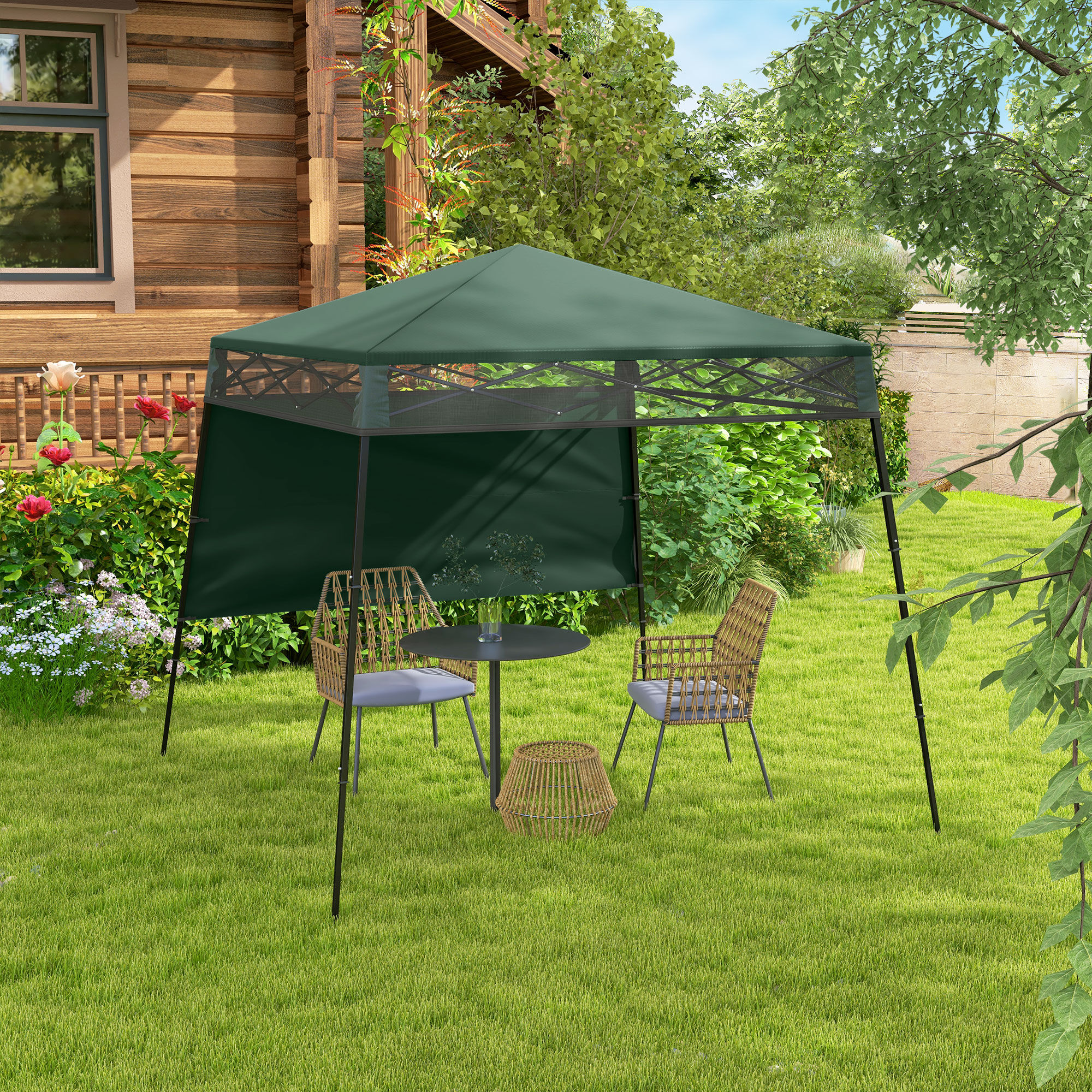 Outsunny Carpa Plegable 220x220x200 cm Cenador Plegable con 1 Pared Lateral Bolsa de Transporte Impermeable y Protecci&oacute;n UV50+ para Jard&iacute;n Patio Verde, , large Imagen numero 2