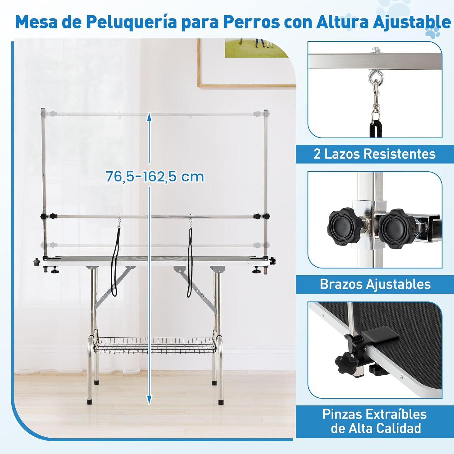 COSTWAY Mesa de Peluquer&iacute;a para Mascotas, Estaci&oacute;n de Aseo Plegable con Brazos Ajustables en Altura, Bandeja de Malla y Correas, Superficie Antideslizante e Impermeable, 125 x 61 x 162,5 cm, , large Imagen numero 2