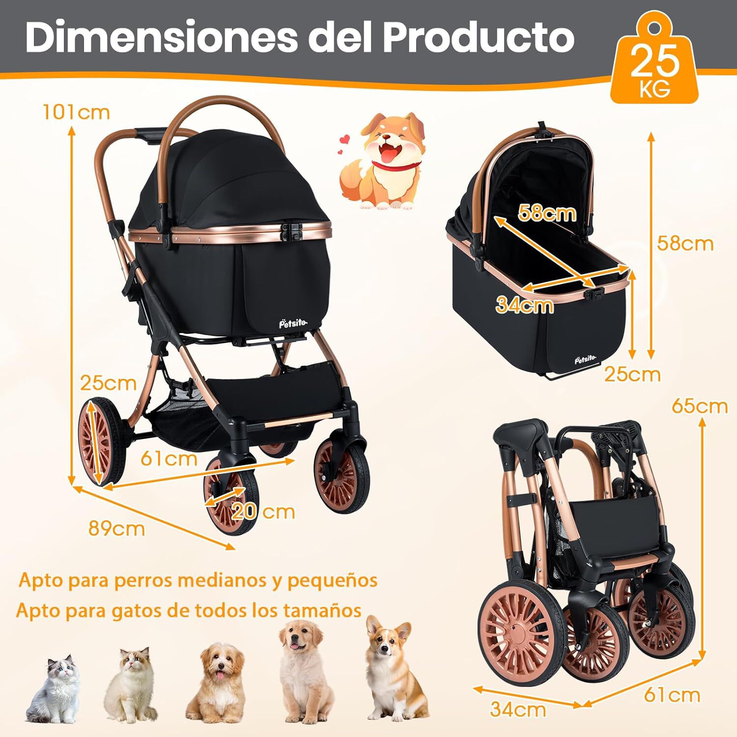 COSTWAY Cochecito para Perros 3 en 1, Carrito para Perros Plegable con Transport&iacute;n Removible, Sombra Solar, Almohadilla Extra&iacute;ble, Cintur&oacute;n de Seguridad, Cesta y Portavasos, Carro Mascotas, Carga 25kg, , large Imagen numero 5