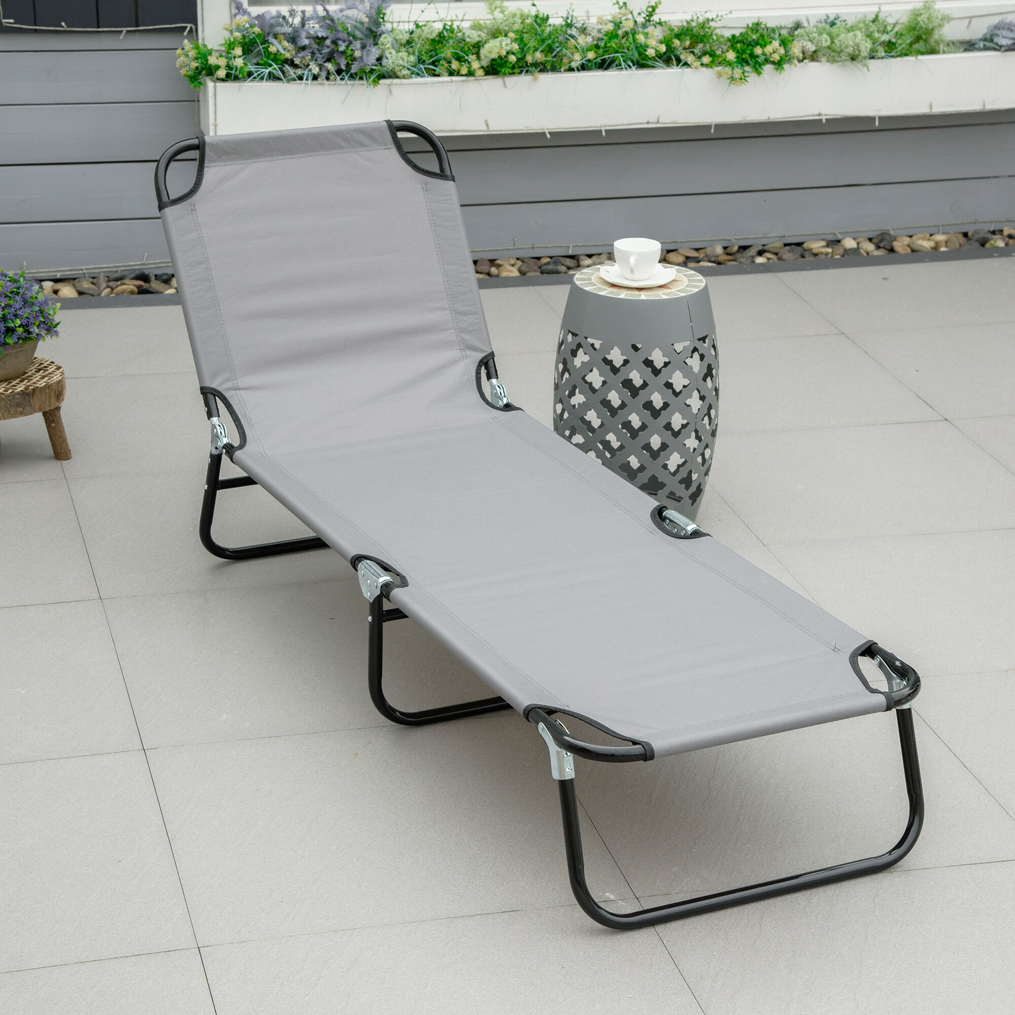 Outsunny Tumbona Plegable Reclinable con &Aacute;ngulo Ajustable de 5 Posiciones para Jard&iacute;n Exterior Piscina Terraza Camping Carga 120 kg 190x56x28 cm Gris, , large Imagen numero 2
