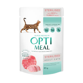 Optimeal Esterilizado Comida Húmeda con ternera y pavo en gelatina para gatos 