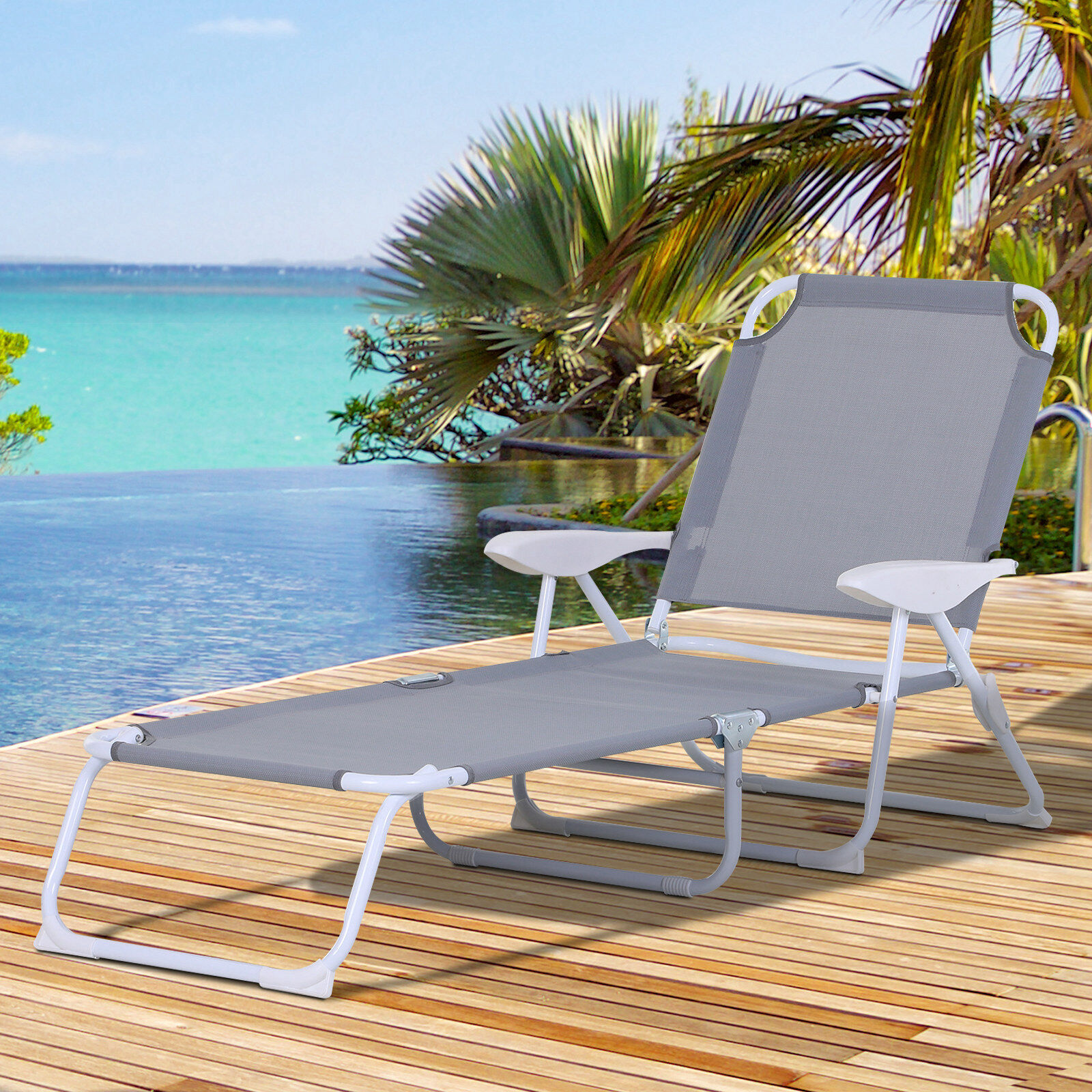 Outsunny Tumbona Reclinable y Plegable de Jard&iacute;n con Respaldo Ajustable en 4 Posiciones Marco de Metal Texteline Transpirable 186x66x80 cm Gris, , large Imagen numero 2