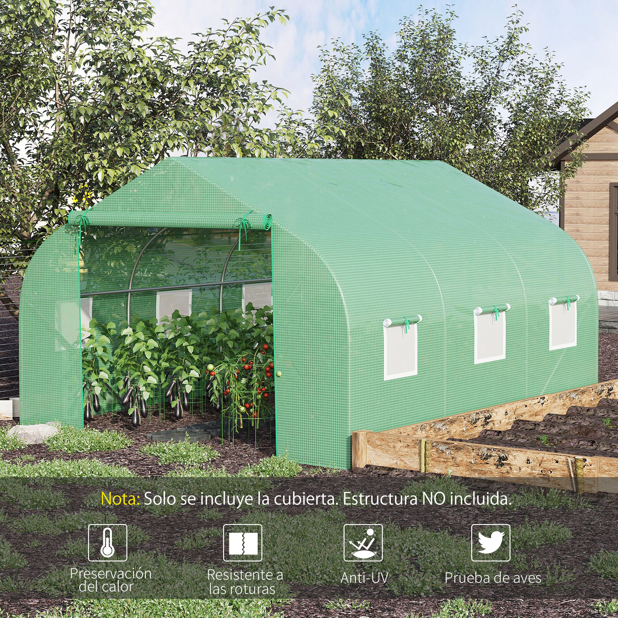 Outsunny Cubierta de Invernadero de T&uacute;nel 3,5x3x2 m Cubierta Repuesto Invernadero Polietileno con 6 Ventanas y Puerta Enrollable Protecci&oacute;n de Plantas para Jard&iacute;n Verde, , large Imagen numero 4