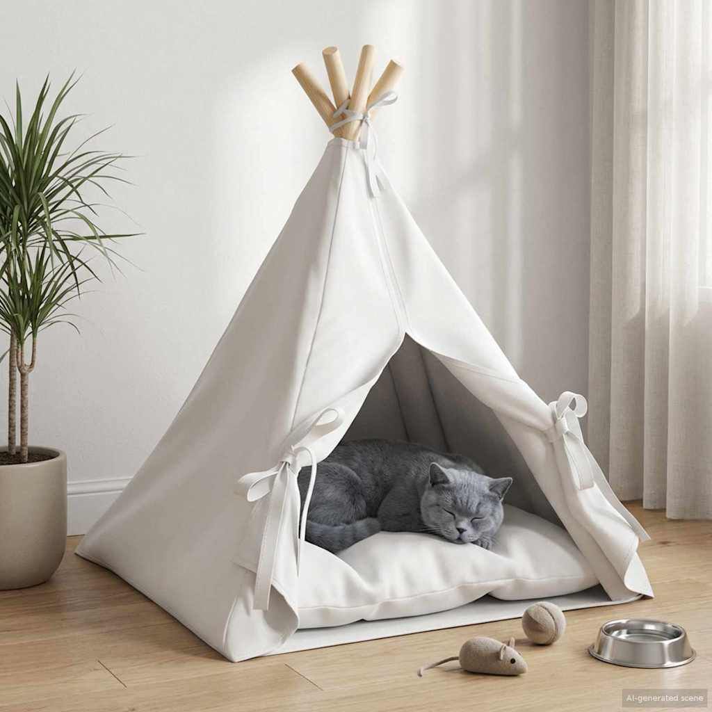 vidaXL Tienda de campa&ntilde;a para mascotas con coj&iacute;n Blanco Poli&eacute;ster Teepee gatos, , large Imagen numero 2