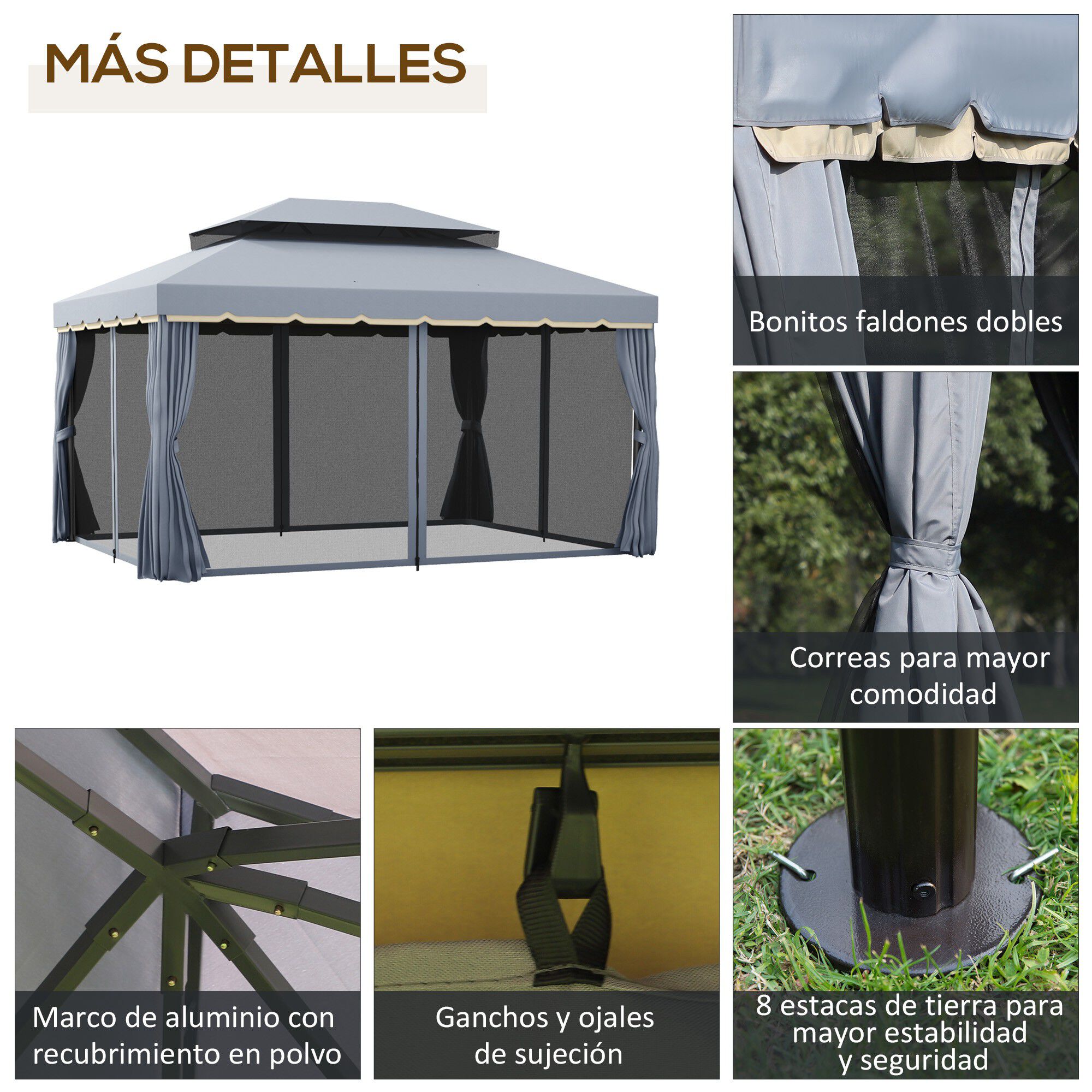 Outsunny Conjunto de Cenador Incluye 1 Cenador de Jard&iacute;n 4x3 m con 4 Cortinas Laterales 4 Mosquiteras y 1 Techo de Repuesto 4x3 m para Fiestas Eventos Exterior Gris y Beige, , large Imagen numero 5