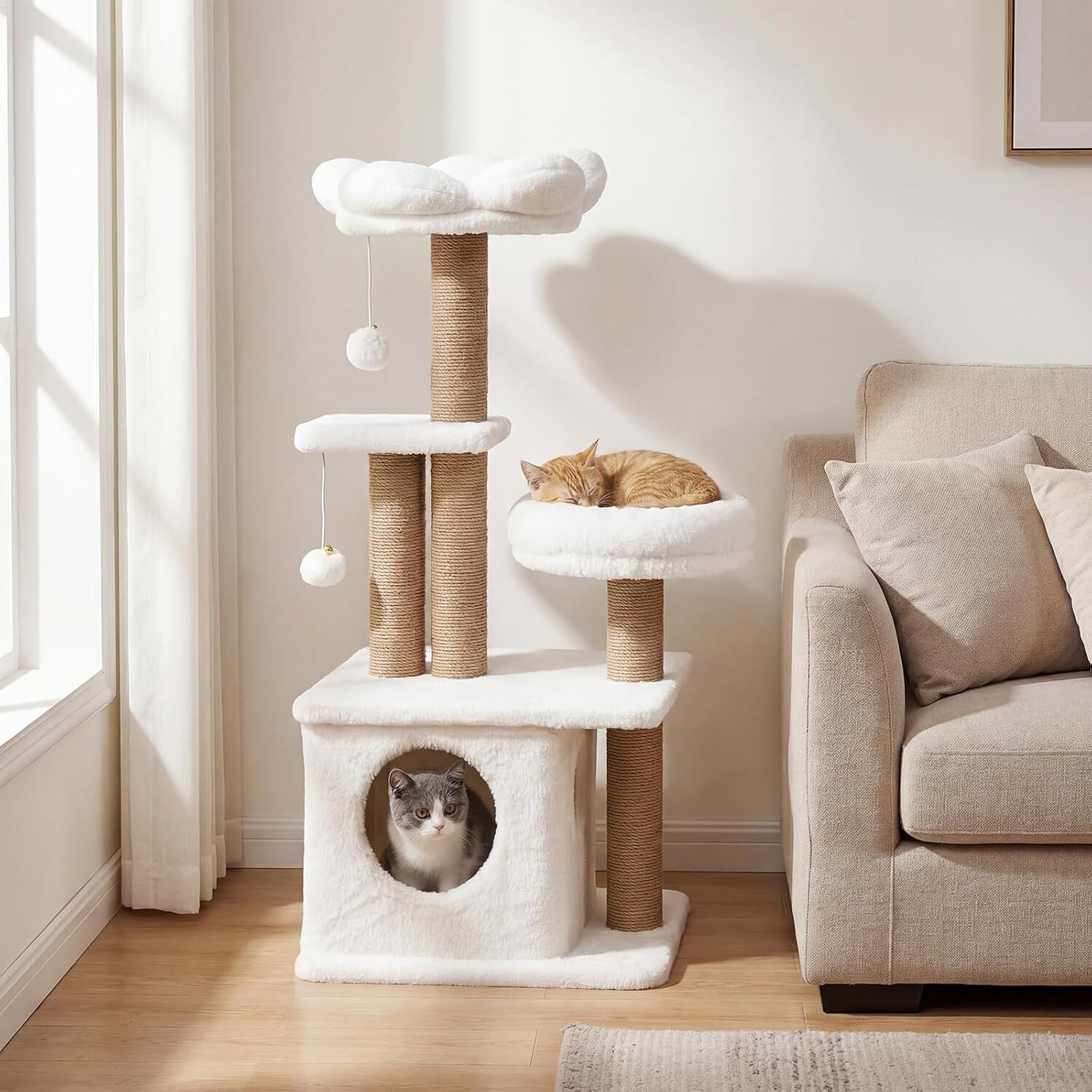 COSTWAY &Aacute;rbol Rascador para Gatos, Torre para Gatos con Percha Superior Acolchonada en Forma de Flor, Condominio y Cama, 2 Bolas Colgantes con Cascabel y Postes, Mueble Multinivel para Escalar (Beige), , large Imagen numero 2