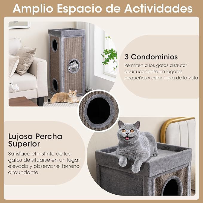 COSTWAY Casa para Gatos de 3 Pisos, Condo para Gatos en Forma de Barril con 3 Escondites y Postes Rascadores de Sisal, 4 Suaves Cojines de Felpa Extra&iacute;bles, Moderno Mueble para Gato de Interior, , large Imagen numero 5