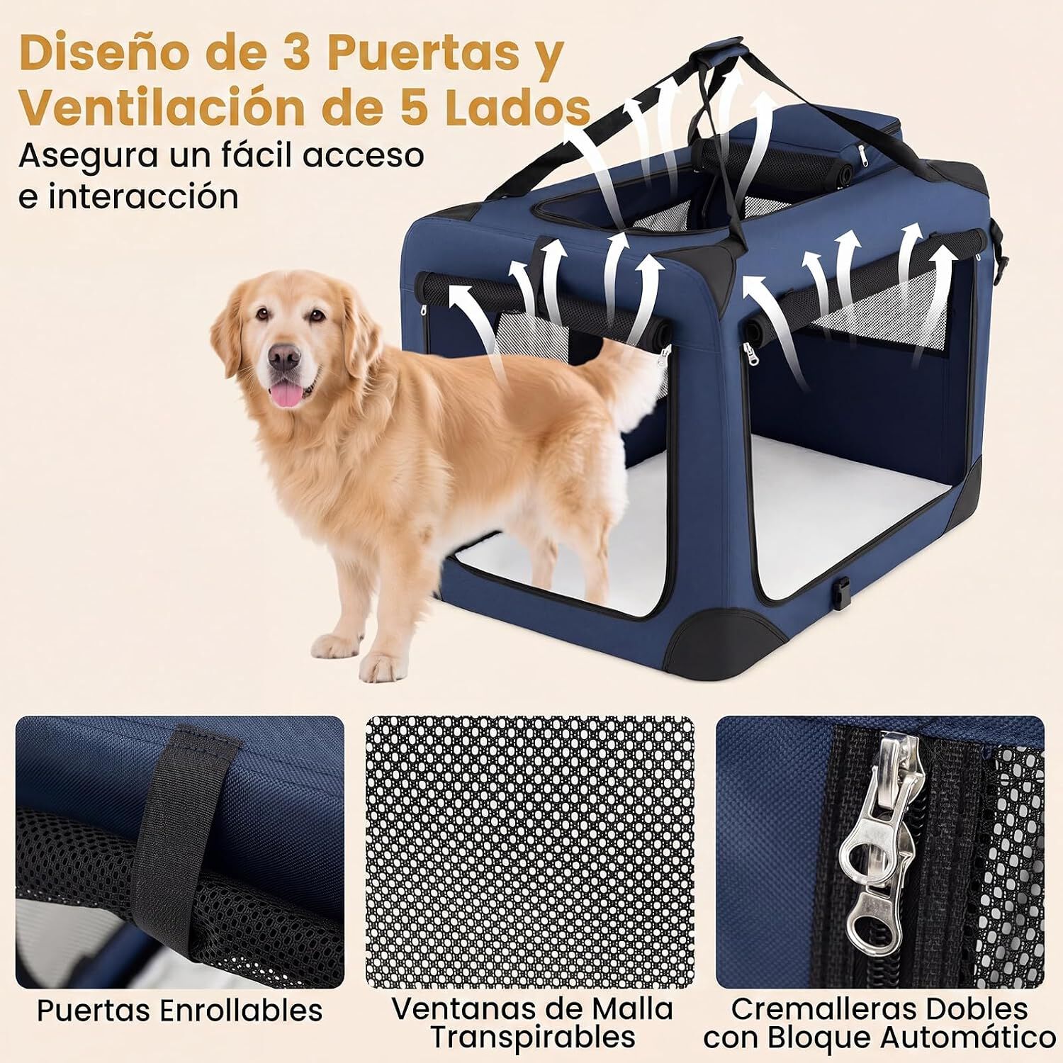 COSTWAY Transport&iacute;n para Perros Plegable, Bolsa Transporte para Gatos con Ventanas de Malla, 3 Puertas y Bolsillos Extra&iacute;bles, Portador de Viaje para Mascotas Interior y Exterior (Azul, S), , large Imagen numero 3