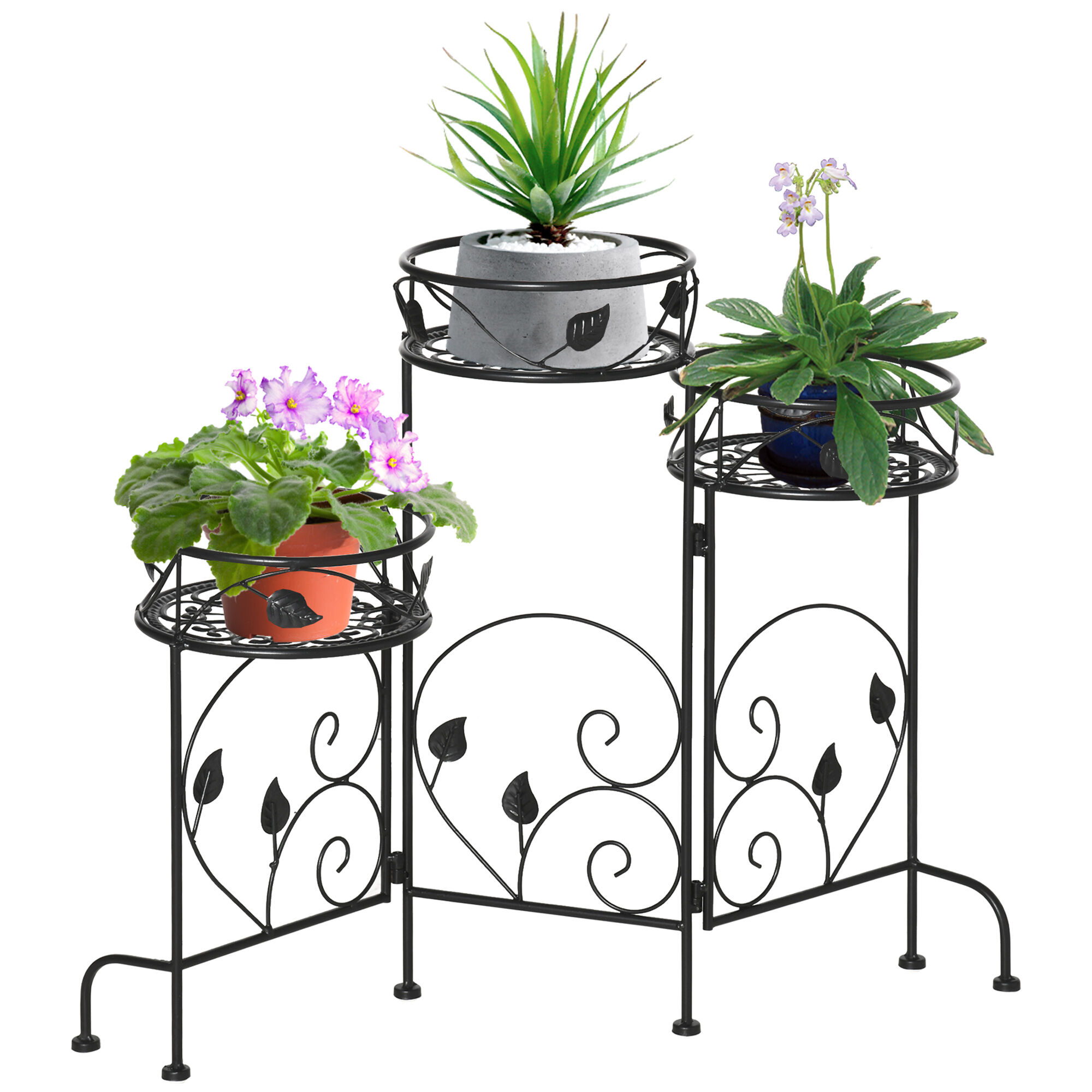 Outsunny Soporte de Metal para Plantas Macetas Plegable Estanter&iacute;a para Flores con 3 Estantes Decoraci&oacute;n Interiores Exteriores para Jard&iacute;n Terraza Balc&oacute;n 74x23x62 cm Negro, , large Imagen numero 1