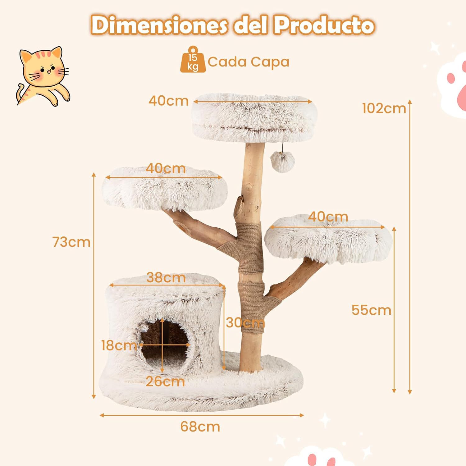 COSTWAY &Aacute;rbol para Gatos Moderno de Madera Maciza, 102 cm Torre Gatos Rascador Acolchado con Felpa Extra Suave, Rascador para Gatito, 3 Plataformas, Poste de Yute, Nido, Bola Colgante, Blanco, , large Imagen numero 3