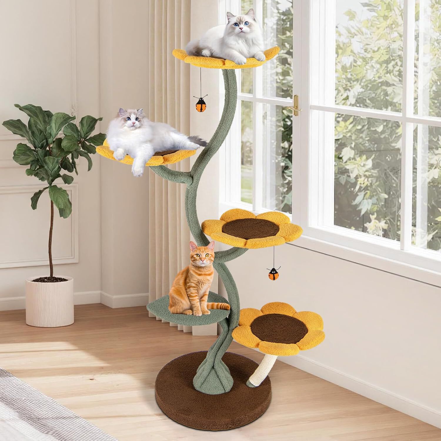 COSTWAY &Aacute;rbol Rascador para Gatos, 175 cm Torre Gatos Rascador Estilo de Girasol con 5 Plataformas Acolchonadas Multinivel en Forma de Flor y Hoja, Postes para Rascar y Bola Colgante Estilo Insecto, , large Imagen numero 2
