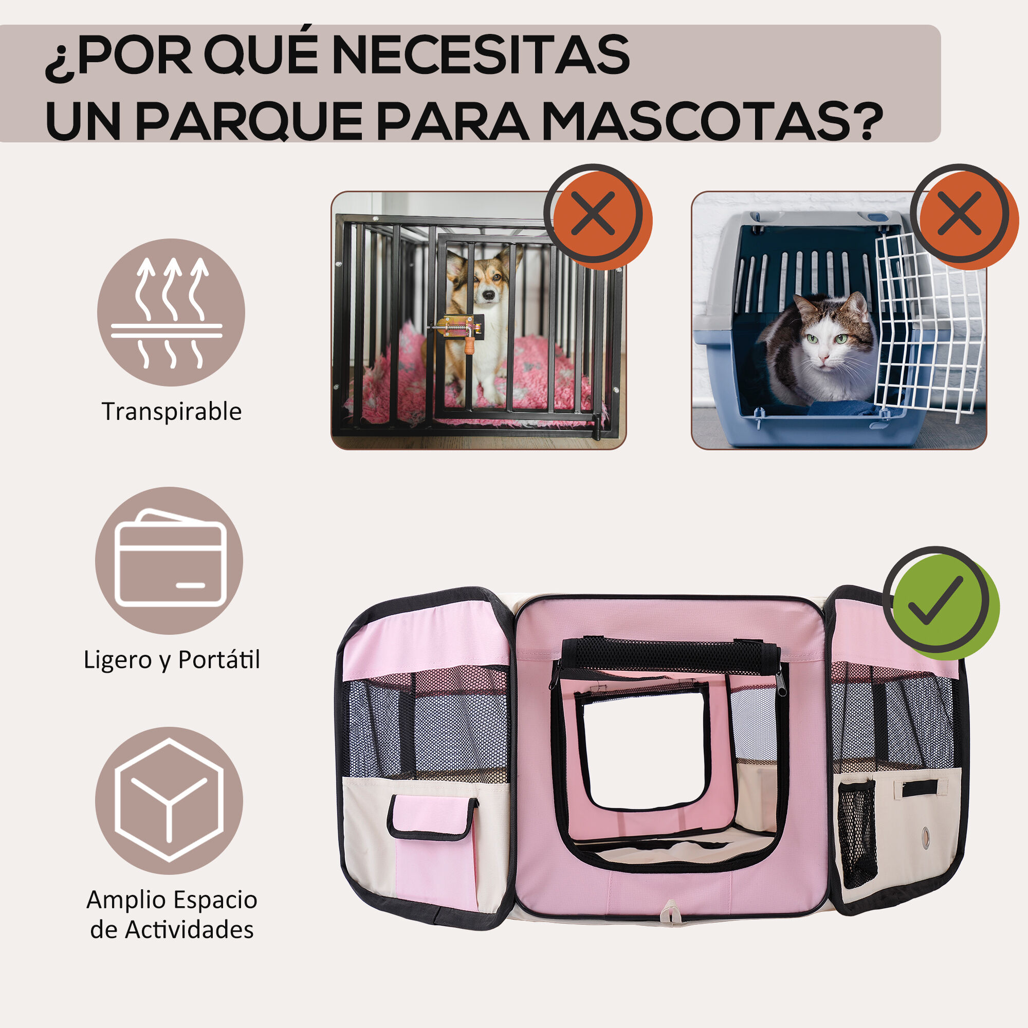 PawHut Parque Plegable para Perros y Gatos, Corralito Port&aacute;til para Animales Peque&ntilde;os Impermeable de Tela Oxford con 2 Puertas, para Exterior e Interior, &Oslash;90x41 cm, Rosa, , large Imagen numero 4