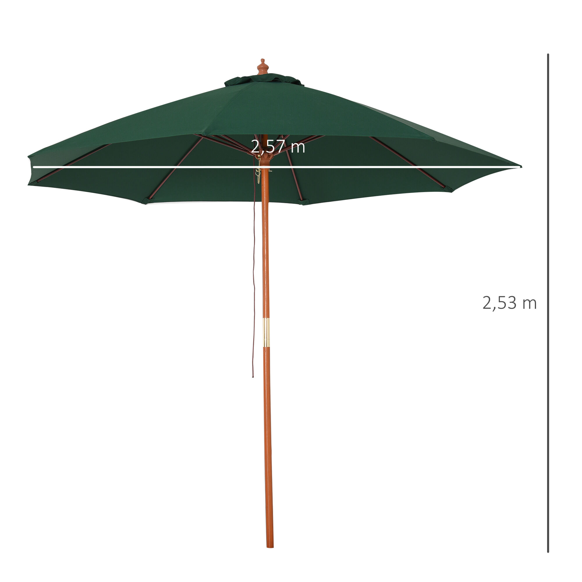 Outsunny Sombrilla Parasol con Poste Desmontable de Madera &Aacute;ngulo Ajustable Ventilaci&oacute;n Sistema de Polea para Exterior Jard&iacute;n Patio Piscina Terraza &Oslash;257x253 cm Verde Oscuro, , large Imagen numero 3