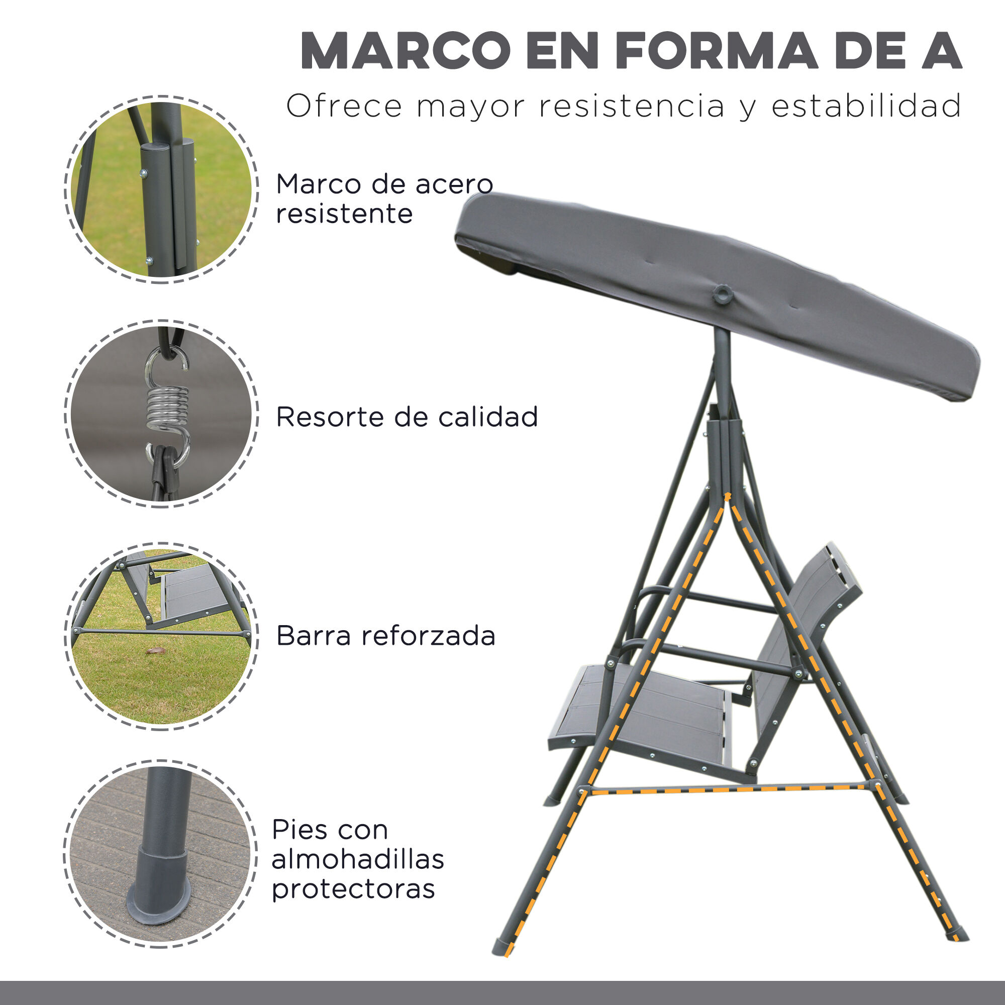 Outsunny Columpio Balanc&iacute;n Jard&iacute;n de 3 Plazas con Techo Parasol Ajustable Respaldo Transpirable y Marco de Acero para Terraza Balc&oacute;n Exterior 175x118x159 cm Gris, , large Imagen numero 4