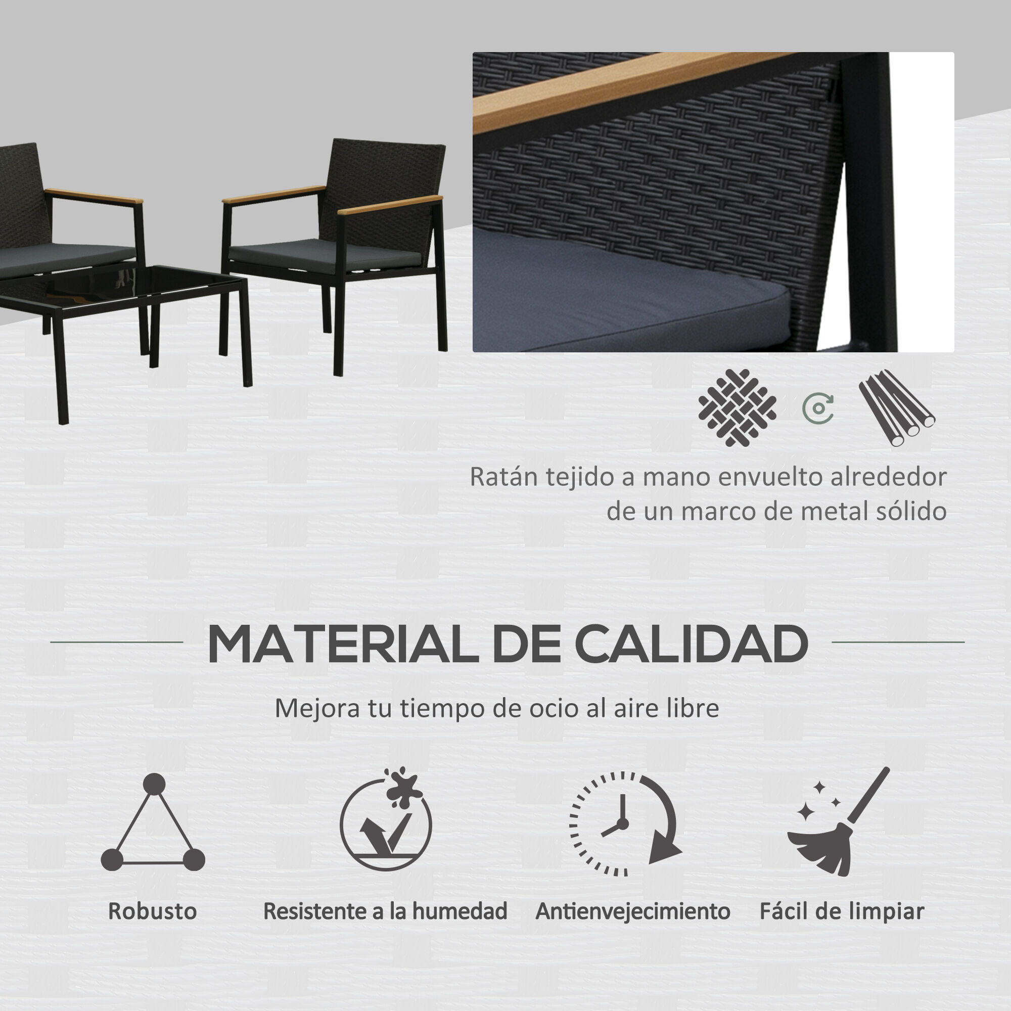 Outsunny Conjunto Muebles de Rat&aacute;n PE de 4 Piezas con Cojines 2 Sillones 1 Sof&aacute; Doble y Mesa de Centro para Jard&iacute;n Terraza Patio Negro y Gris, , large Imagen numero 4