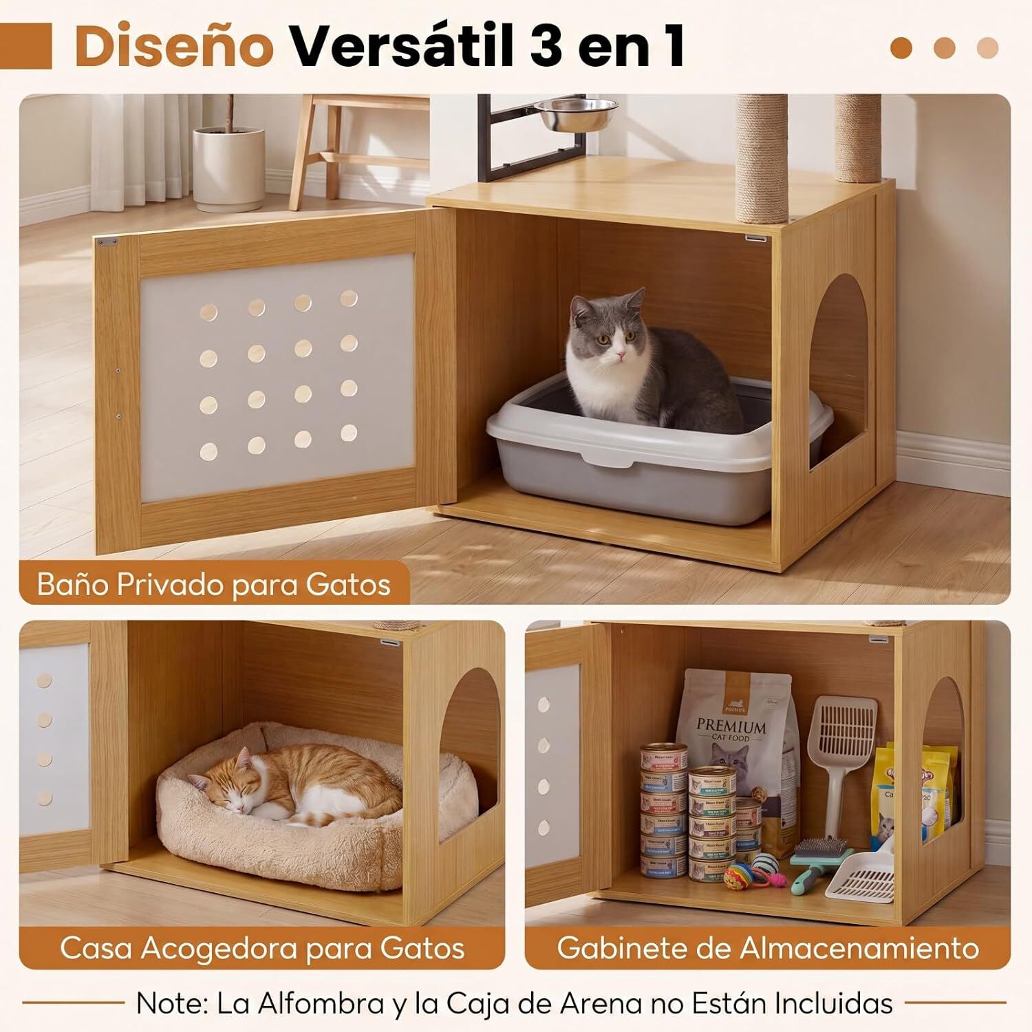 COSTWAY &Aacute;rbol Rascador para Gatos, Torre para Gatos de de M&uacute;ltiples Niveles con Postes Rascadores de Sisal, Condo, Zona de Alimentaci&oacute;n y Bola Colgante y Recinto para Caja de Arena, 117,5 cm (Natural), , large Imagen numero 2