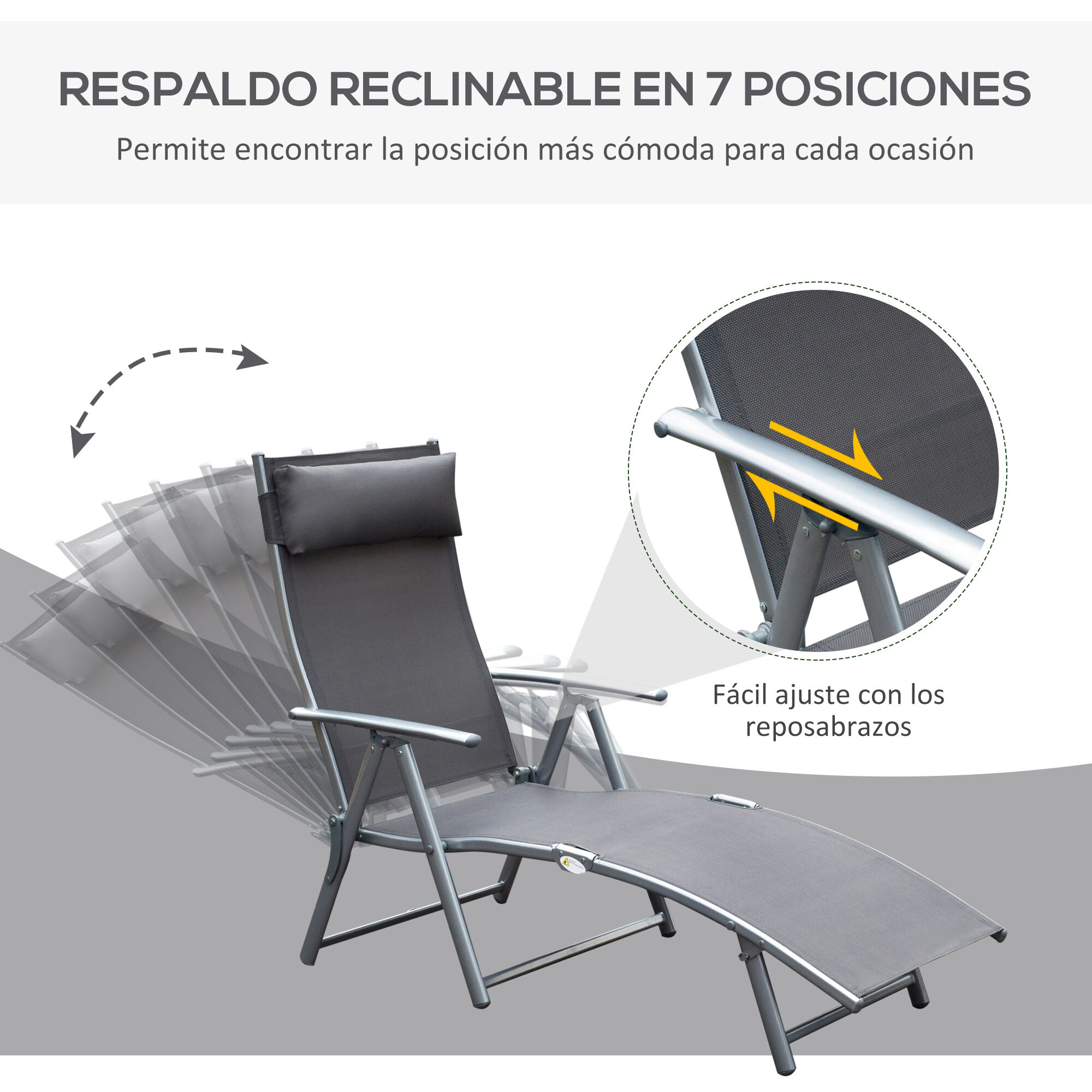 Outsunny Tumbona Plegable Tumbona de Jard&iacute;n con Respaldo Ajustable en 7 Niveles Almohada y Reposabrazos Carga 165 kg para Piscina Terraza Camping 137x63,5x100,5 cm Gris, , large Imagen numero 4