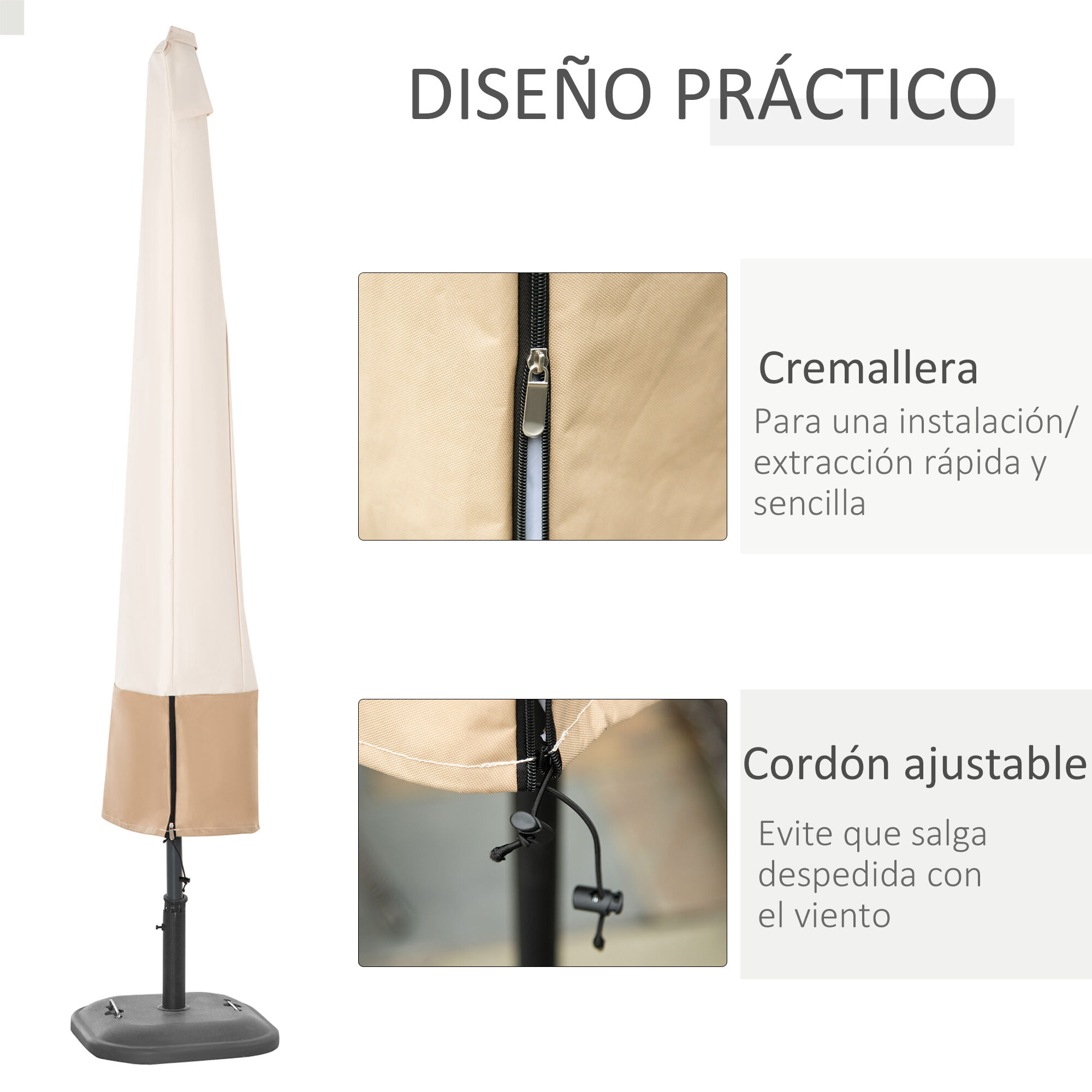 Outsunny Funda para Sombrilla de Jard&iacute;n Impermeable de Tela Oxford 600D &Oslash;60x190 cm Funda Protectora de Parasol con Banda El&aacute;stica y Cremallera para Patio Terraza Exterior Beige, , large Imagen numero 5