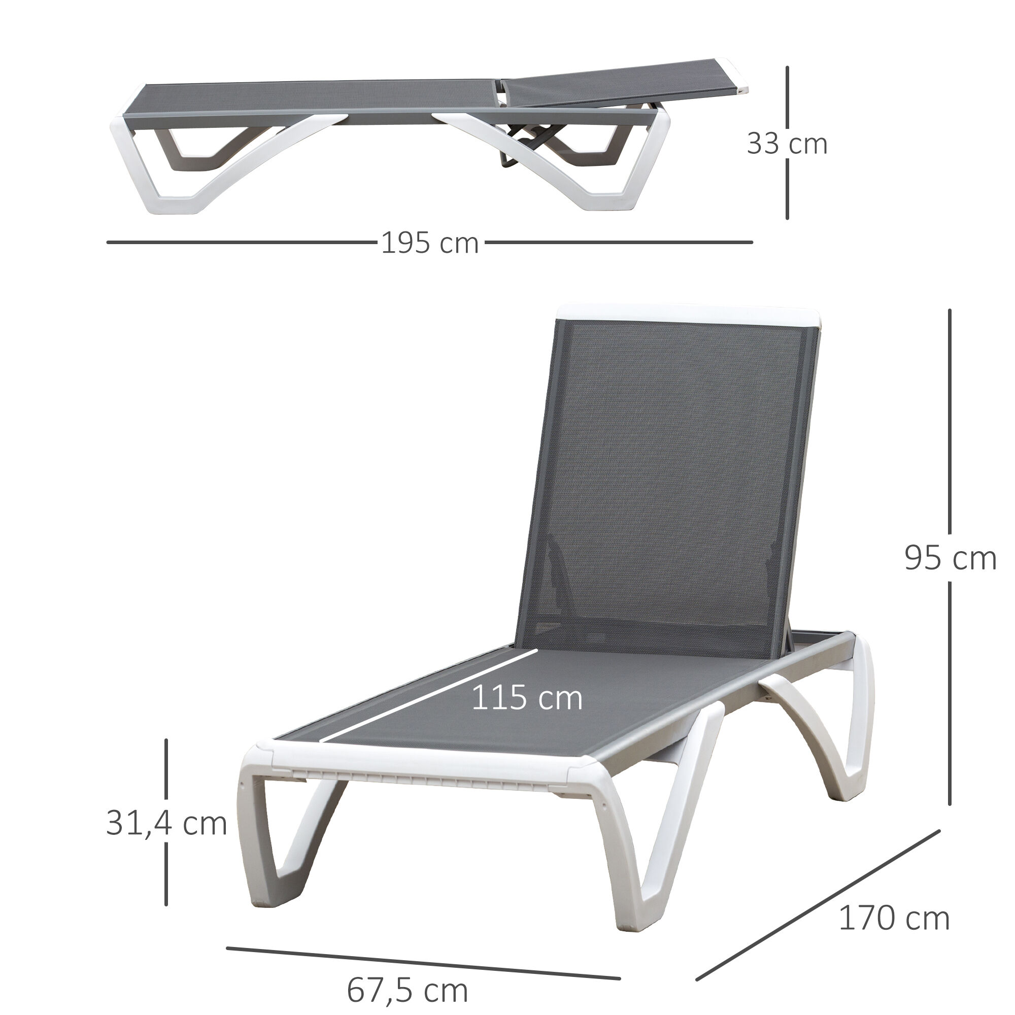 Outsunny Tumbona Reclinable de Jard&iacute;n de Aluminio con Ruedas y Respaldo Ajustable en 5 Niveles Sill&oacute;n Relax para Terraza Balc&oacute;n Piscina 170x67,5x95 cm Gris Blanco, , large Imagen numero 3