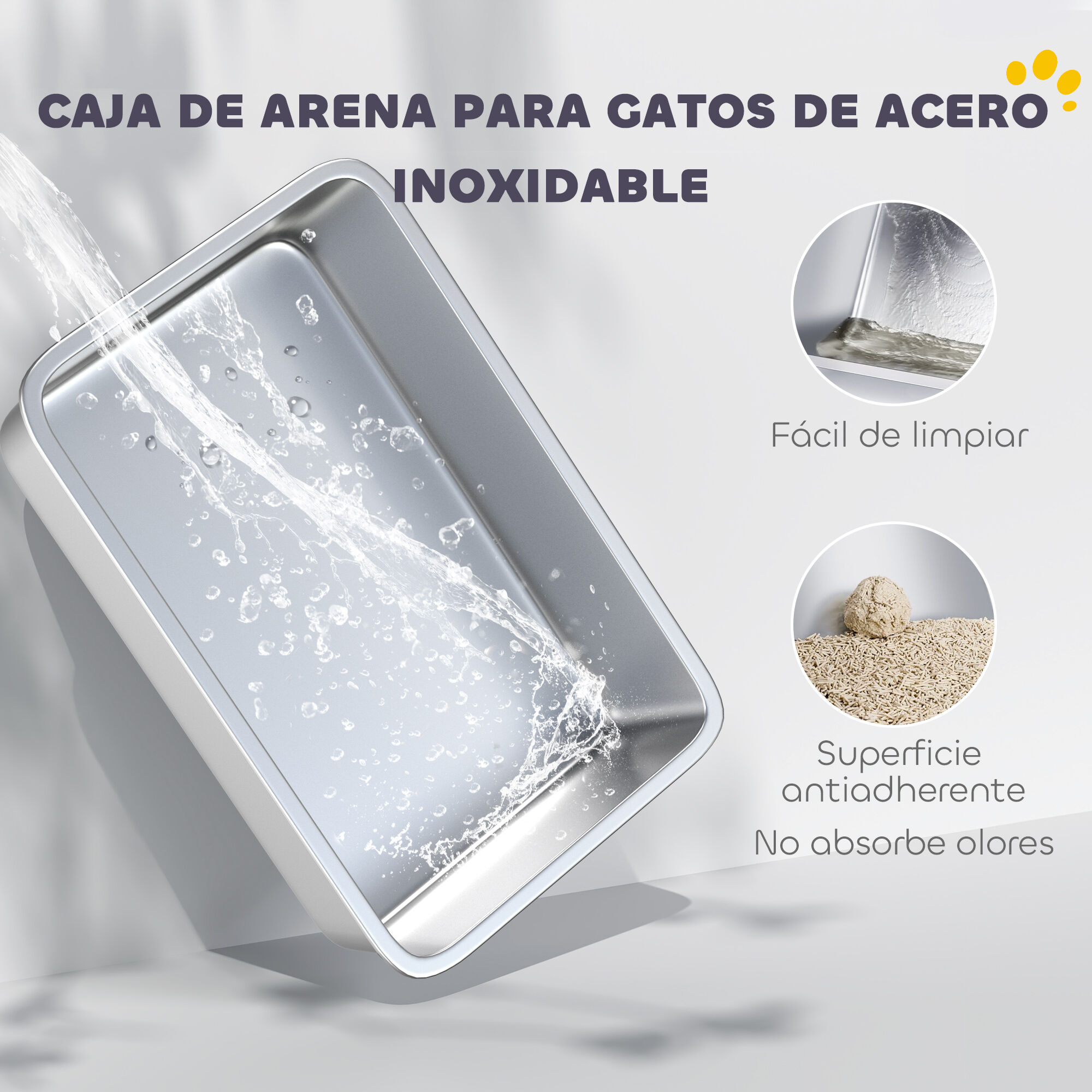 PawHut Arenero para Gatos de Acero Inoxidable XL Caja de Arena para Gatos Arenero con Borde Alto Pala F&aacute;cil de Limpiar Prueba de Fugas 60x40x29,5 cm Gris, , large Imagen numero 4