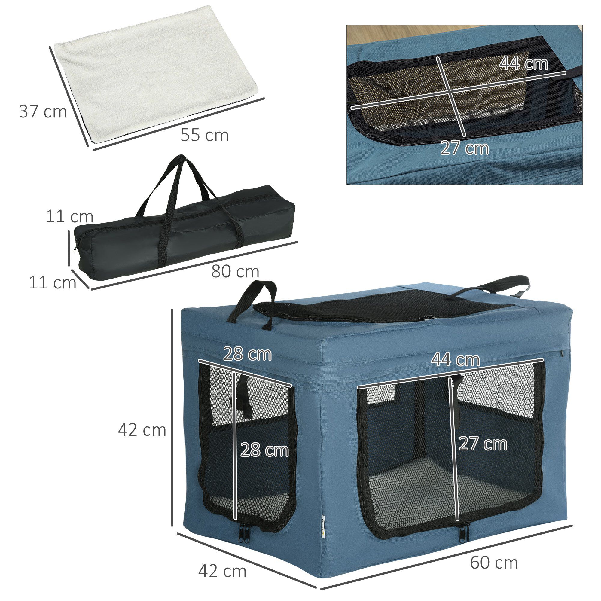 PawHut Transport&iacute;n Mochila para Perros y Gatos Bolsa Port&aacute;til y Plegable para Mascotas Transportador para Perros con 3 Puertas y Coj&iacute;n Suave 69x51x51 cm Azul, , large Imagen numero 8