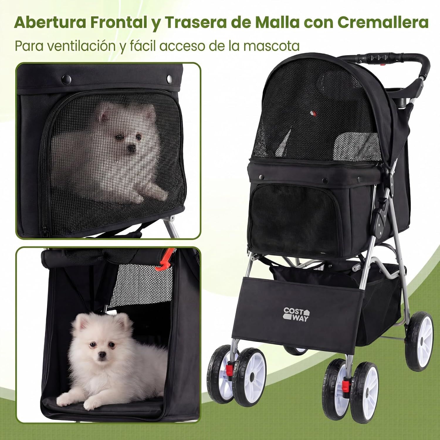 COSTWAY Cochecito para Mascotas, Carrito para Perros Plegable con Ruedas Grandes, Malla Transpirable, Cubierta Impermeable, Portavasos y Cesta, Carro para Perros Peque&ntilde;os y Gatos hasta 15 kg, Negro, , large Imagen numero 4