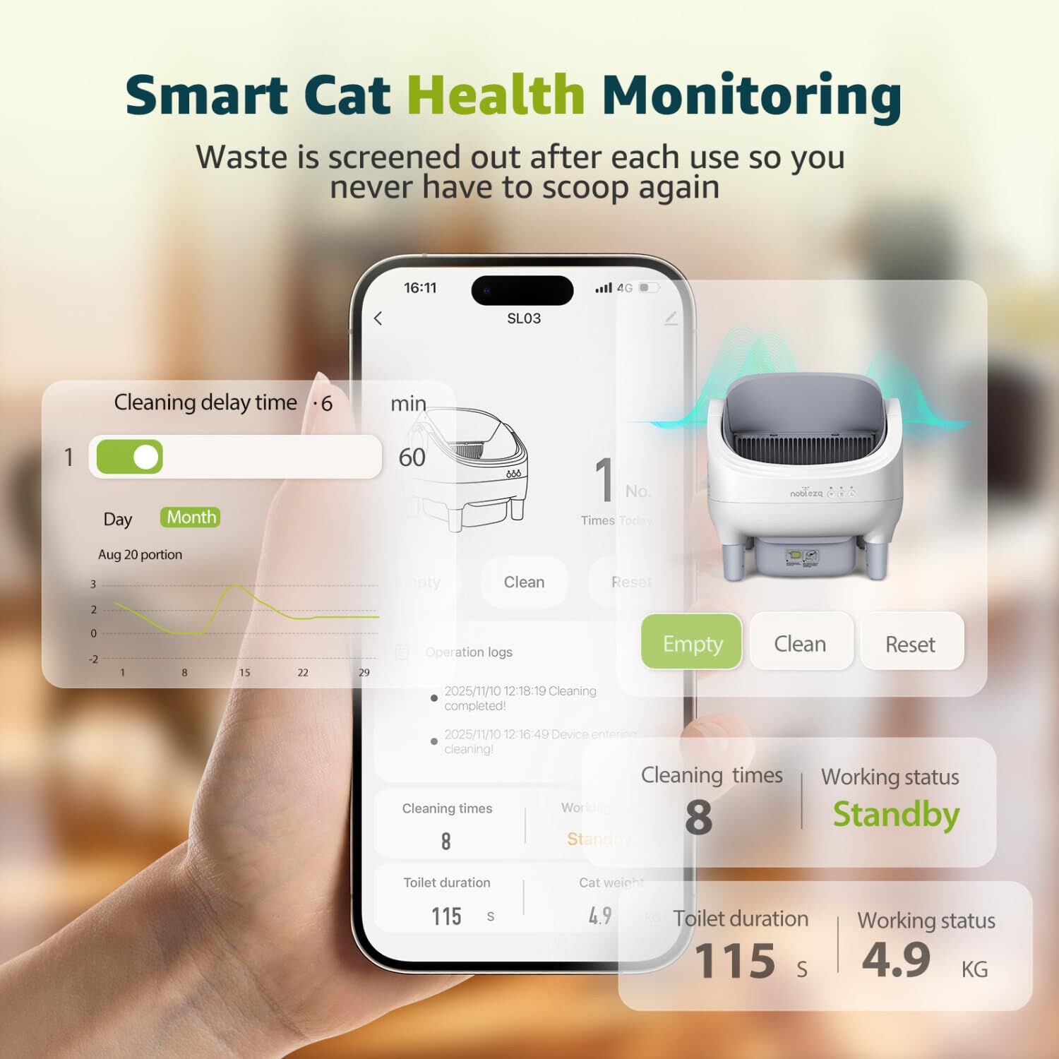 Nobleza Arenero Autolimpiable SL03 para Gatos - Caja de Arena Autom&aacute;tica con Control por App, Dise&ntilde;o Abierto, Gran Capacidad, Incluye 7 Rollos de Bolsas y 2.5kg Arena de Tofu Natural, , large Imagen numero 3