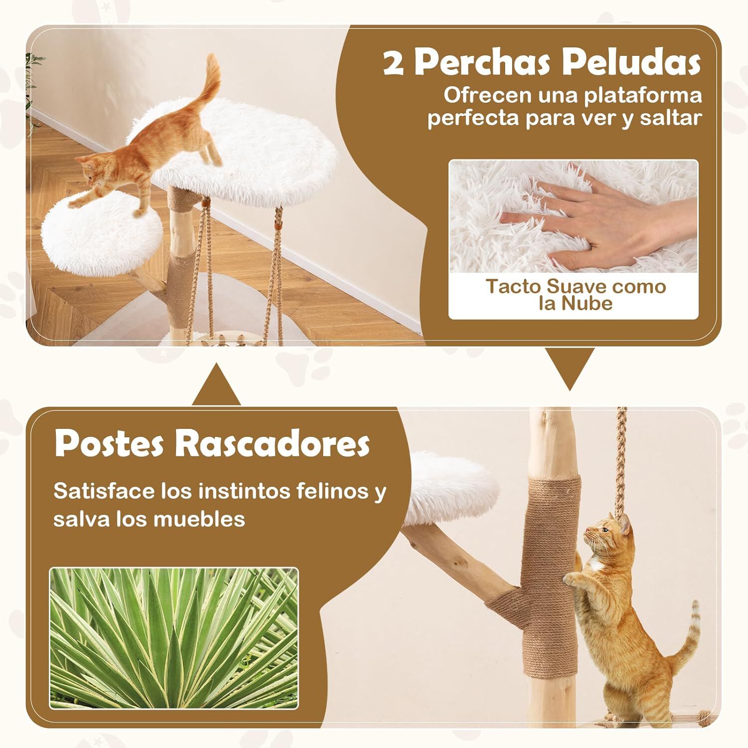 COSTWAY &Aacute;rbol para Gatos con Hamaca Colgante, Torre Multinivel con Postes de Madera de Pera y Rascadores de Yute, 2 Plataformas, Ideal para Gatos, Natural + Blanco, 70 x 50 x 123 cm, , large Imagen numero 5