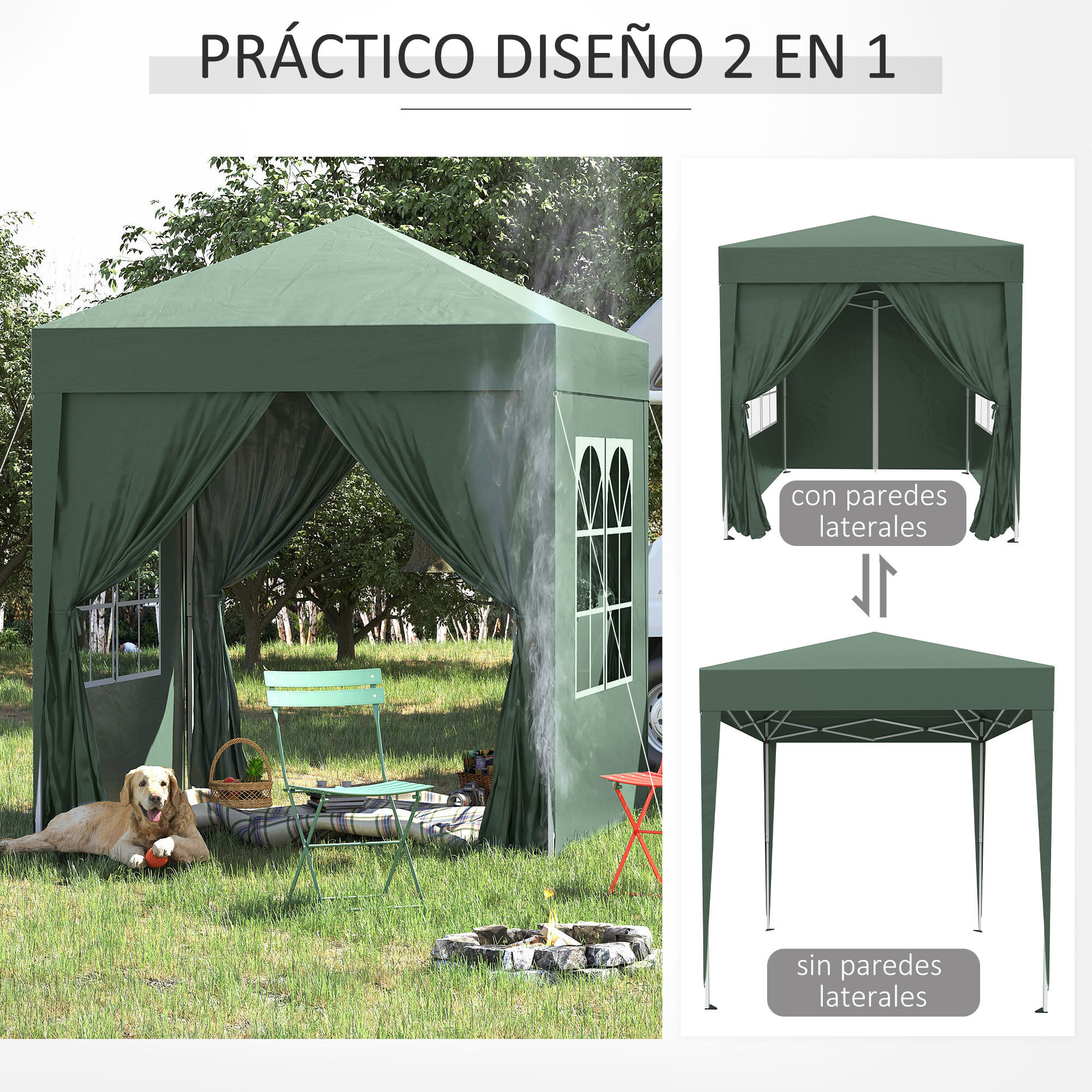 Outsunny Carpa Plegable Gazebo 2x2 m Cenador de Jard&iacute;n con 4 Paredes Laterales Tela Oxford 2 Puertas 2 Ventanas y Bolsa de Transporte Impermeable para Exterior Terraza Camping Fiestas Verde, , large Imagen numero 4