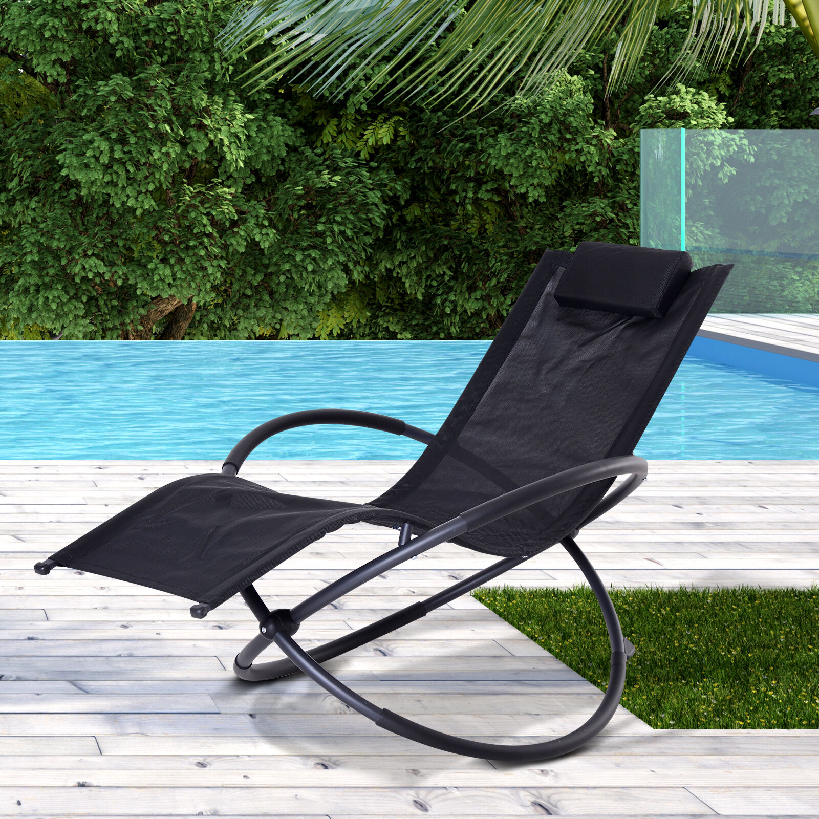Outsunny Tumbona Mecedora de Jard&iacute;n Plegable con Reposacabezas Extra&iacute;ble Sill&oacute;n Tumbona Ergon&oacute;mica de Exterior Tela de Texteline para Patios Piscina al Aire Libre 154x80x84 cm Negro, , large Imagen numero 2