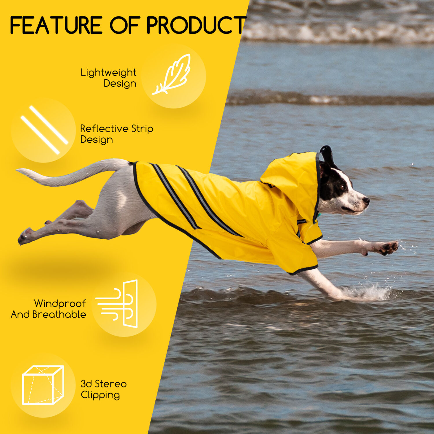 Nobleza - Chubasquero Impermeable para Perros con Capucha y Tiras Reflectantes Seguras, en color Amarillo, Talla L, , large Imagen numero 4