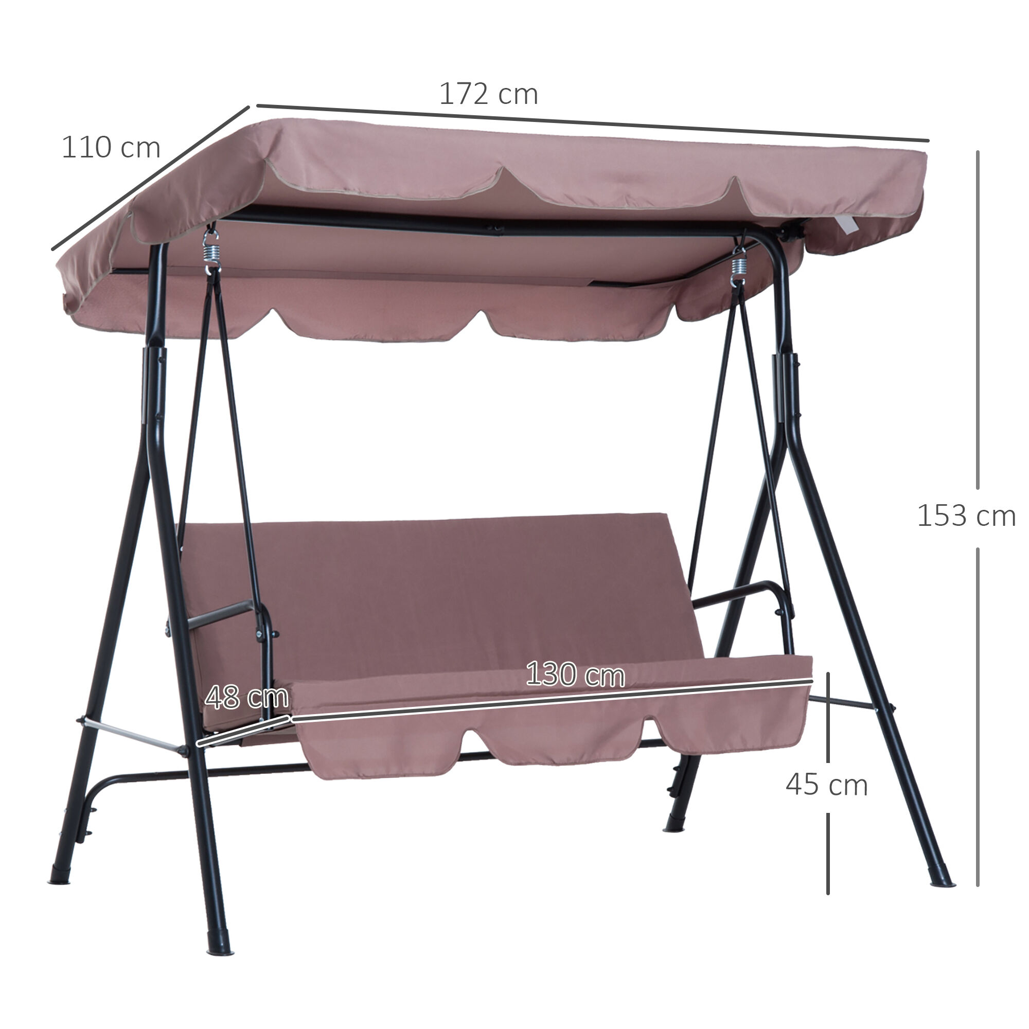 Outsunny Columpio de Jard&iacute;n de 3 Plazas Silla Balanc&iacute;n con Parasol Techo Ajustable en &Aacute;ngulo Impermeable para Exterior Terraza Balc&oacute;n Carga M&aacute;x. 200 kg Acero 172x110x153 cm Marr&oacute;n, , large Imagen numero 3