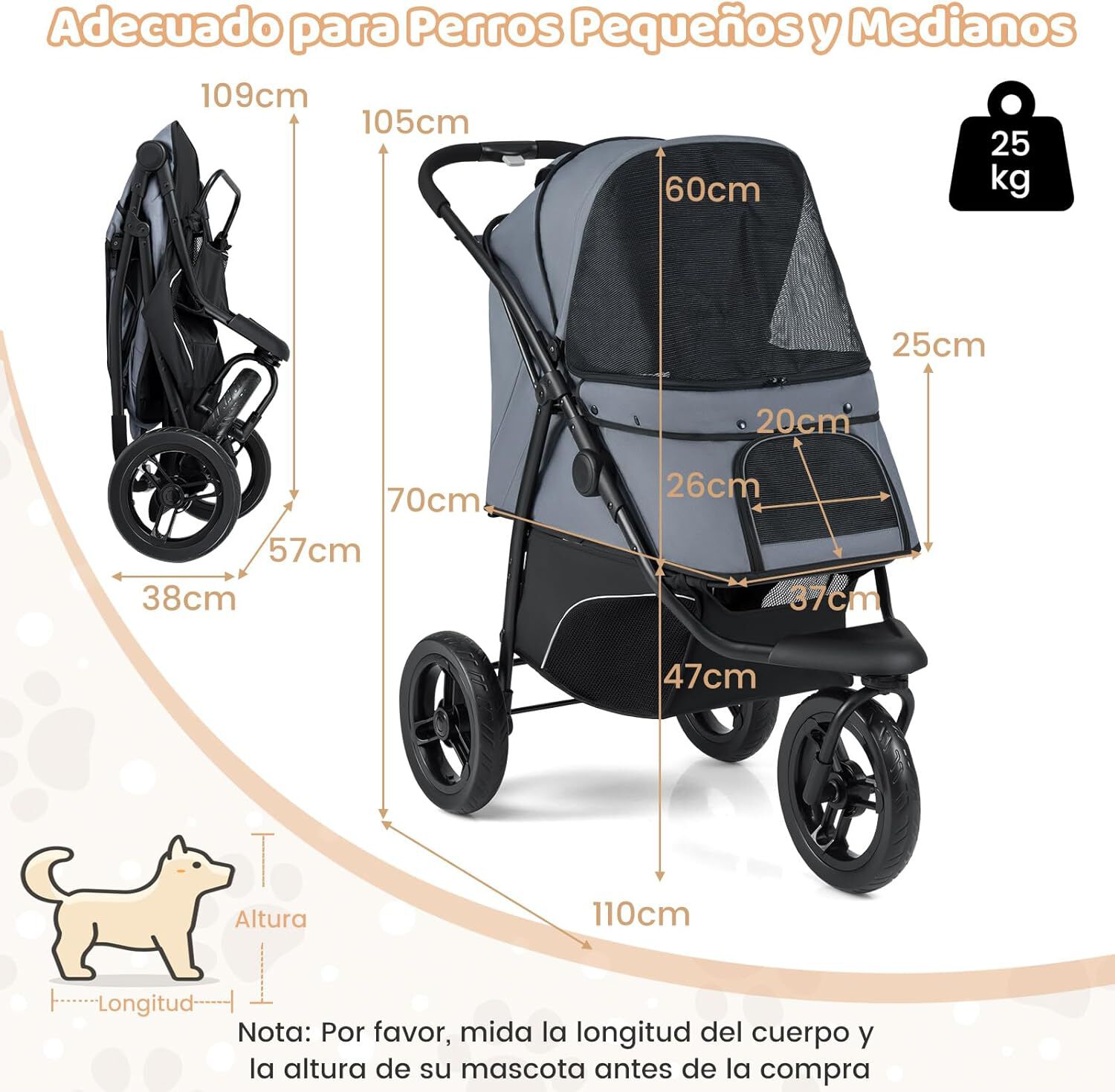 COSTWAY Cochecito Plegable para Perros, Carrito para Perros Peque&ntilde;os con Ruedas Todoterreno, Freno, Capota Ajustable, Cesta, Coj&iacute;n, Correa de Seguridad, Bolsa de Transporte Mascota, Hasta 25kg (Gris), , large Imagen numero 5