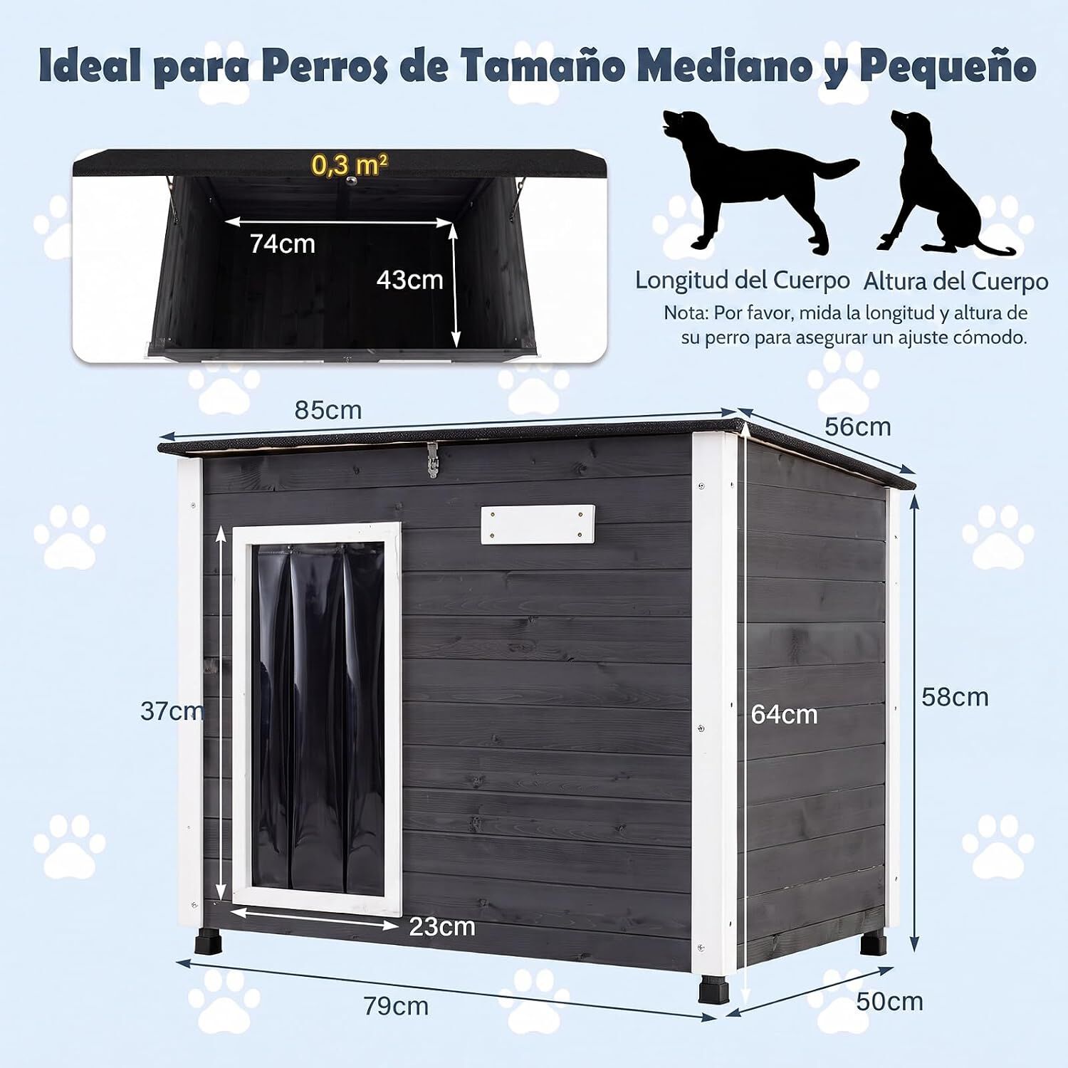 COSTWAY Caseta para Perros Exterior, Casa para Perros de Madera | con Puerta, Techo Inclinado Abatible, Puerta de PVC, Patas Elevadas, 85,5 x 56,5 x 64,5cm Mueble Perrera para Mascotas, Gris, , large Imagen numero 5