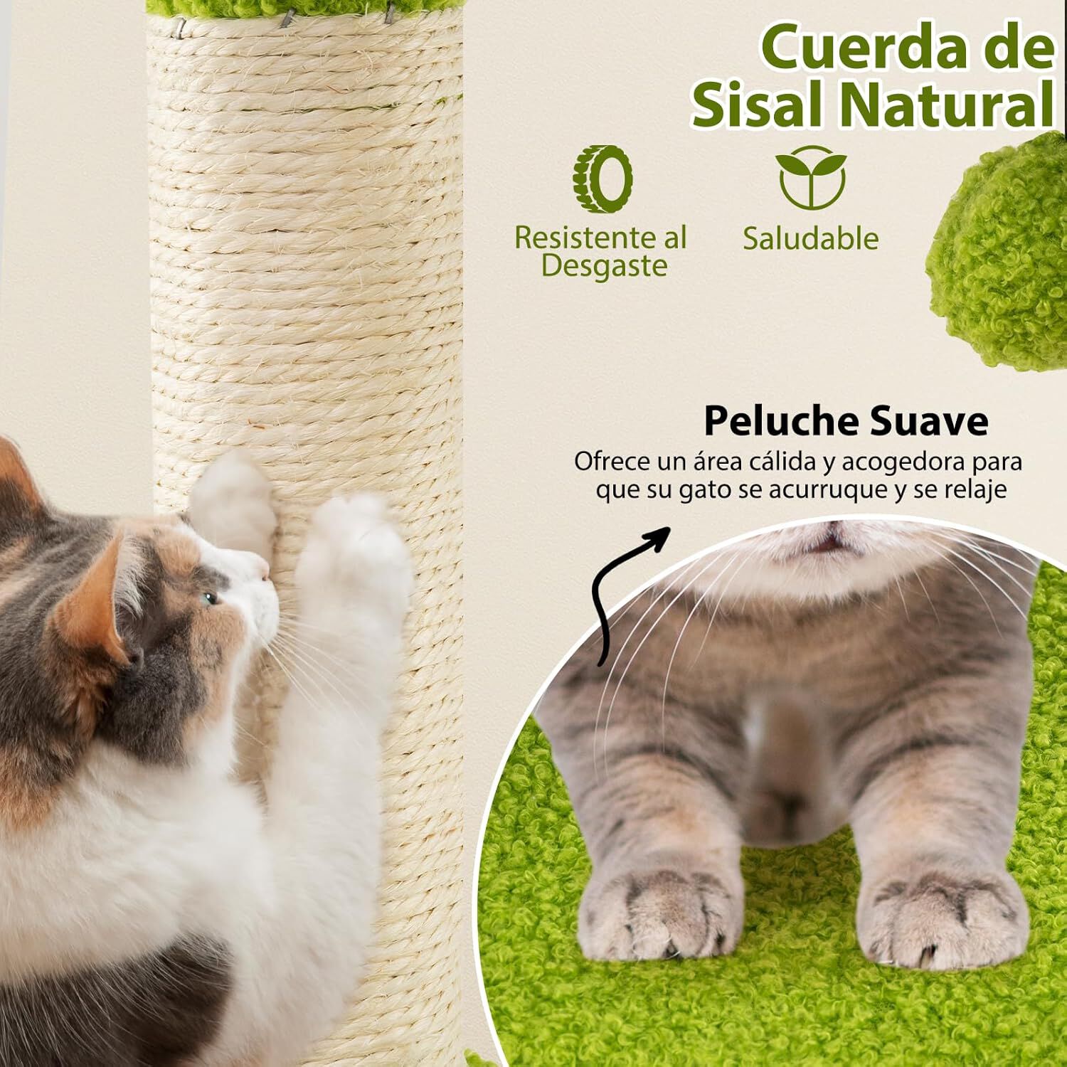COSTWAY Rascador para Gatos Adultos, &Aacute;rbol Rascador para Gatos, Altura 122 cm, Torre Escalador con Varias Plataformas, Postes de Sisal, Nido, Tela de Felpa, Versi&oacute;n de Bosque, Verde y Naranja, , large Imagen numero 5