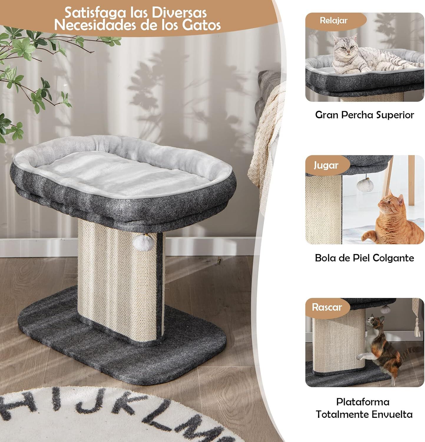 COSTWAY &Aacute;rbol Rascador para Gatos Peque&ntilde;o, Altura 50 cm, Torre de Actividades para Gatos con Soporte de Peluche y Poste Rascador de Sisal, Bola, Muebles para Gatos para Jugar y Descansar (Gris), , large Imagen numero 4
