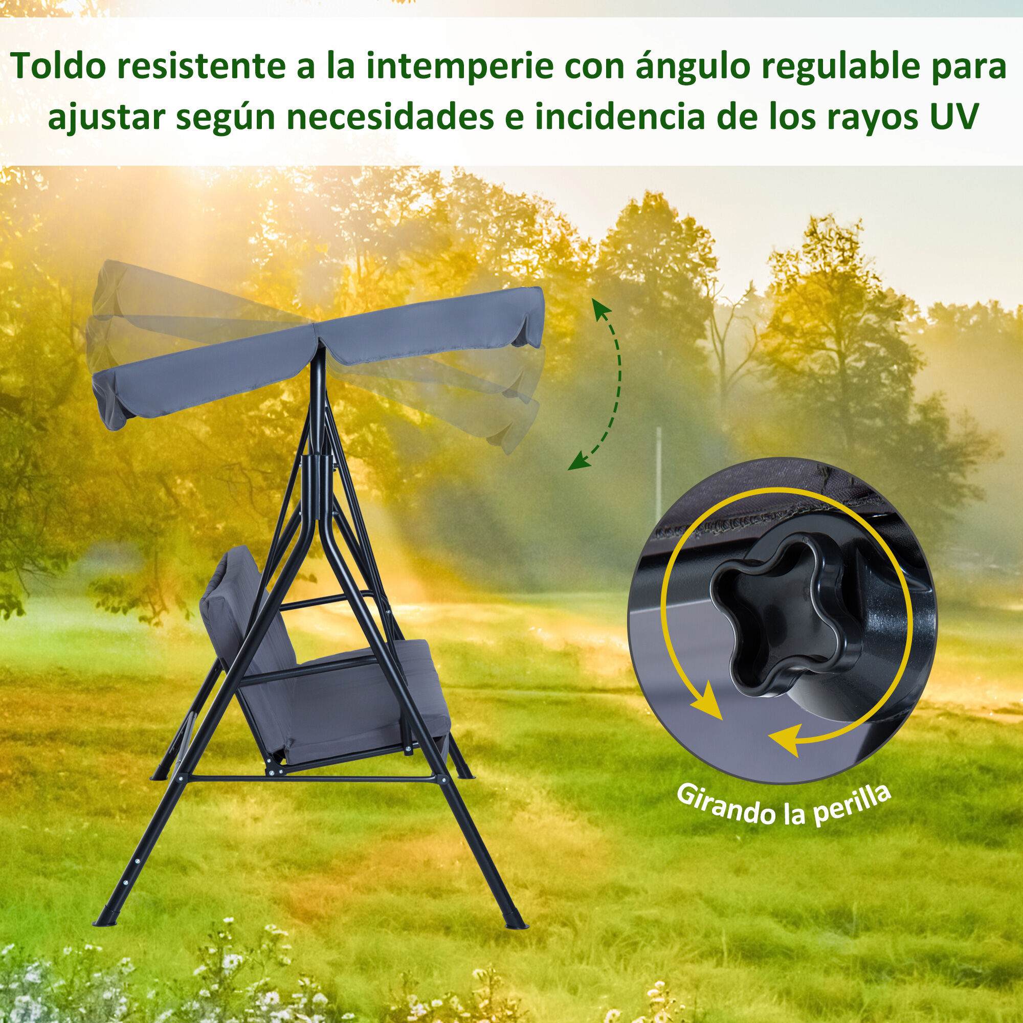 Outsunny Columpio de Jard&iacute;n de 3 Plazas Silla Balanc&iacute;n con Parasol Techo Ajustable en &Aacute;ngulo para Terraza Balc&oacute;n Carga M&aacute;x. 200 kg Acero 172x110x153 cm Gris, , large Imagen numero 4